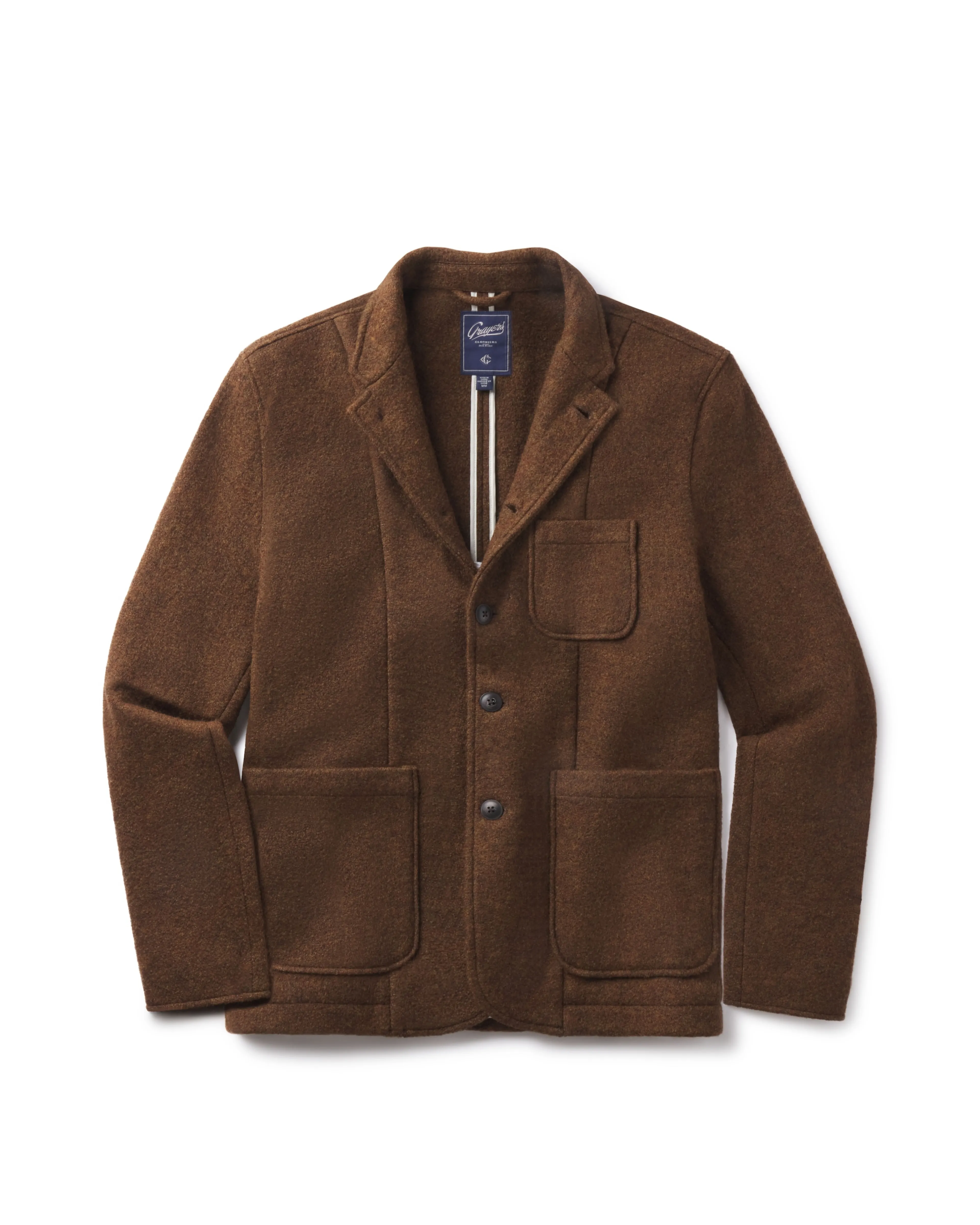 Burnham Knitted Wool Blazer - Tweedy Brown Embellished Trim TapedSeamConstruction