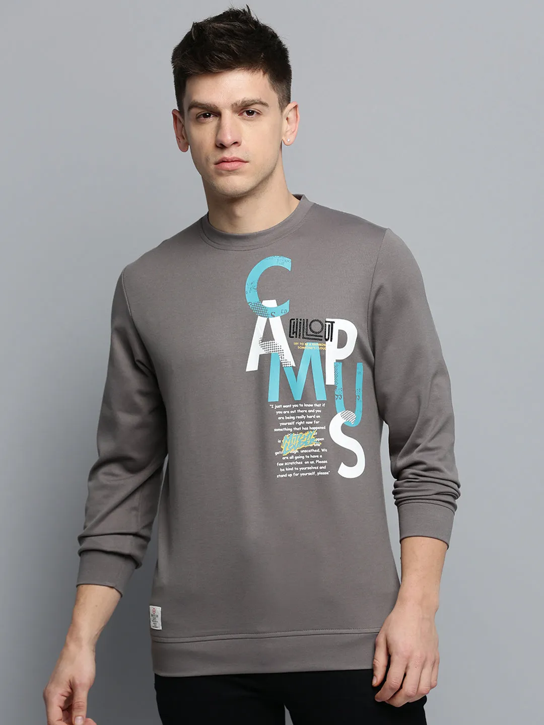 Men's Grey Typography Printed Pullover Sweatshirt Sporty Fit