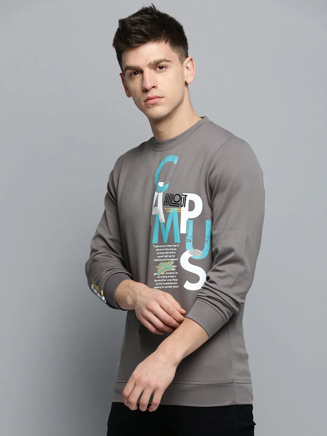 Essential Fit Men's Grey Typography Printed Pullover Sweatshirt