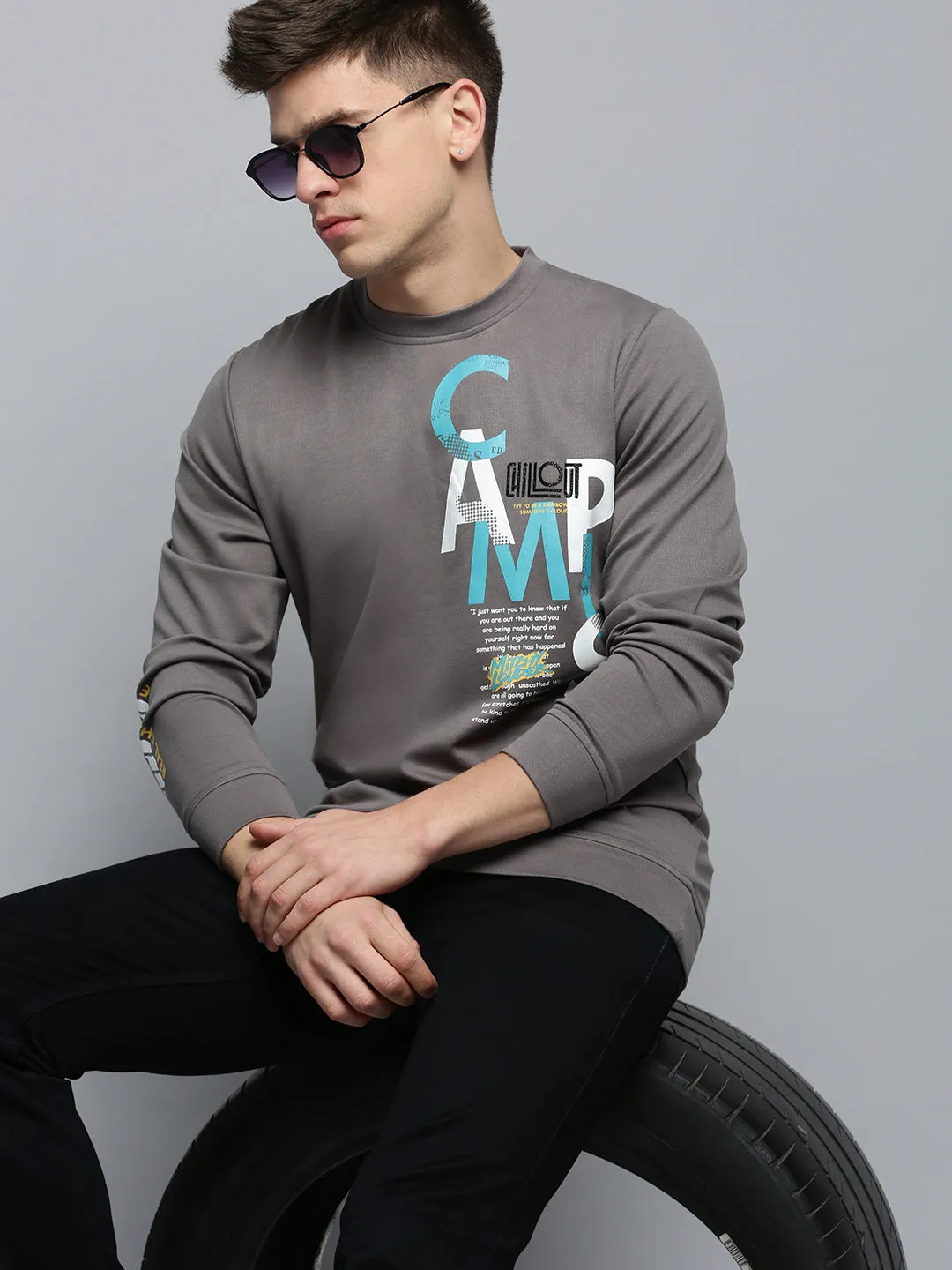 Men's Grey Typography Printed Pullover Sweatshirt Fashion Trend product thermal lining insulation