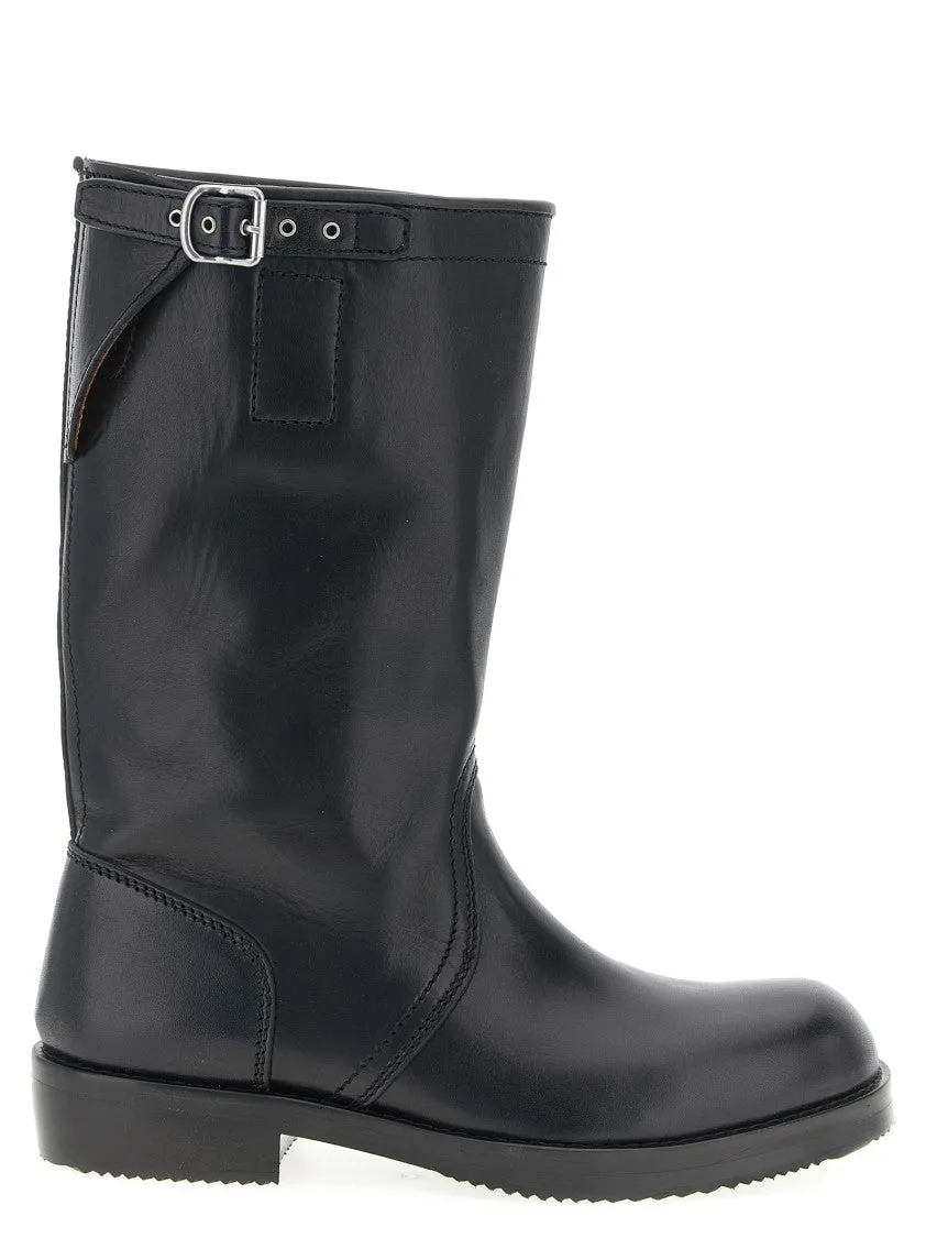 Calfskin Leather Biker Boots With Adjustable Strap understated look