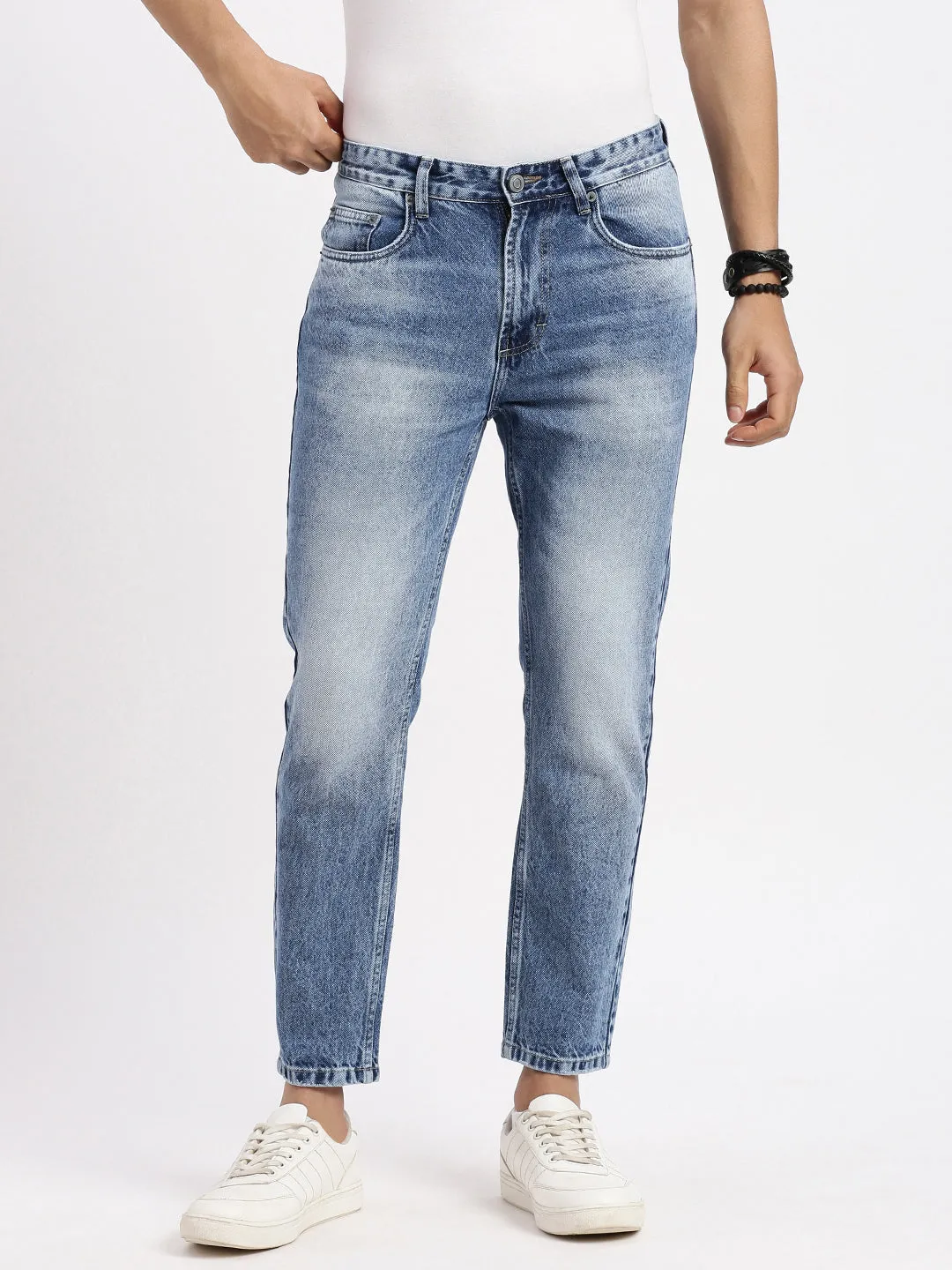 Men's Blue Comfort Low-Rise Heavy Fade Acid Wash Jeans Street Fashion Trend Setter Holiday Vibes