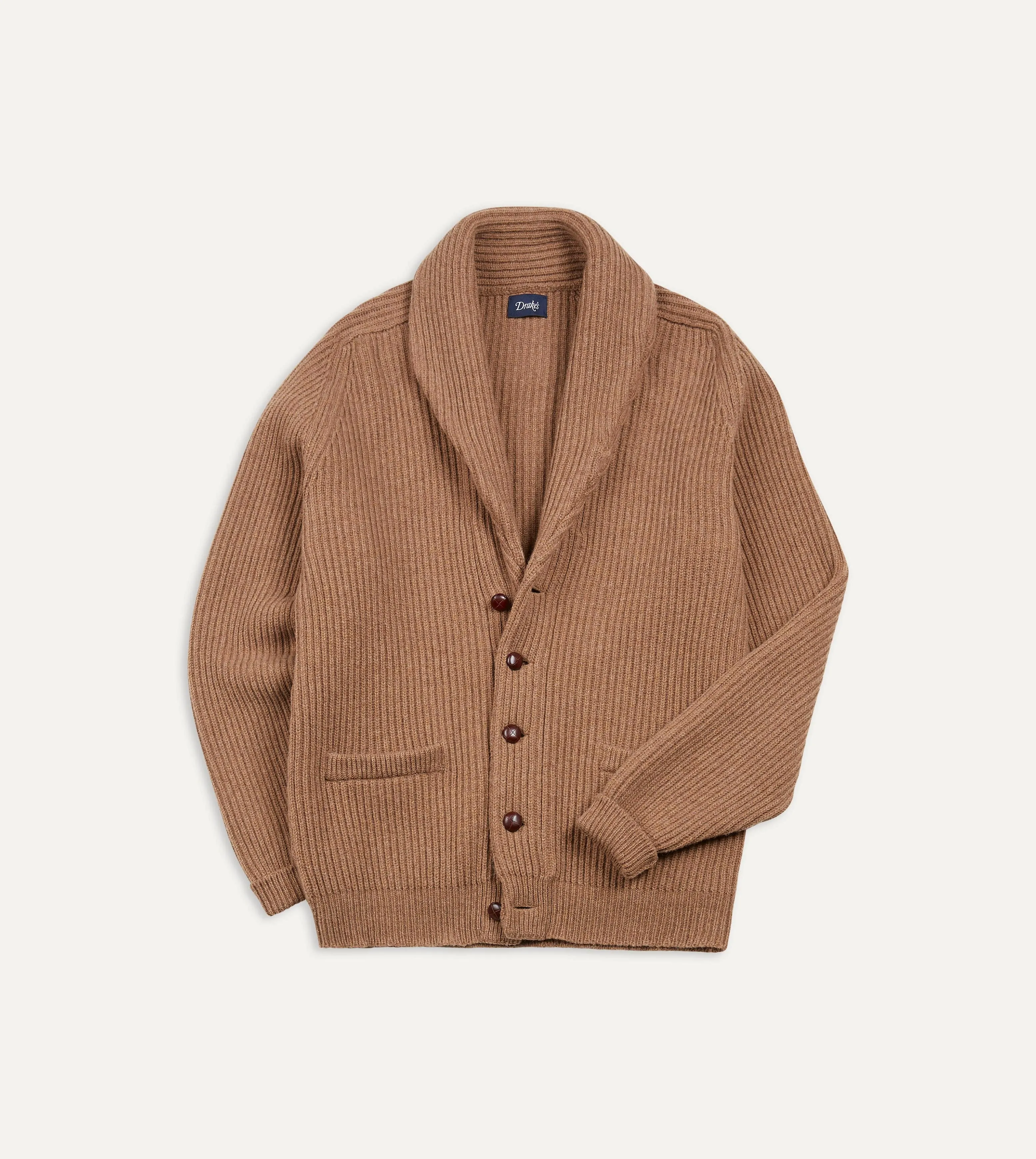 Camel Lambswool Shawl Collar Cardigan Abrasion Resistant Yarn
