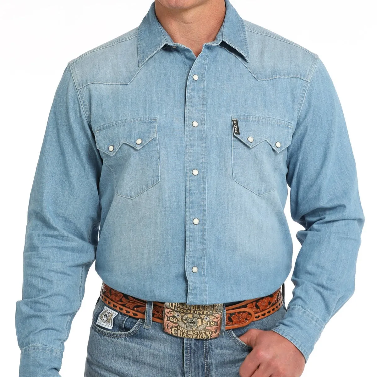 Cinch Men's L/S Modern Fit Denim Western Snap Shirt in Indigo Silk combination