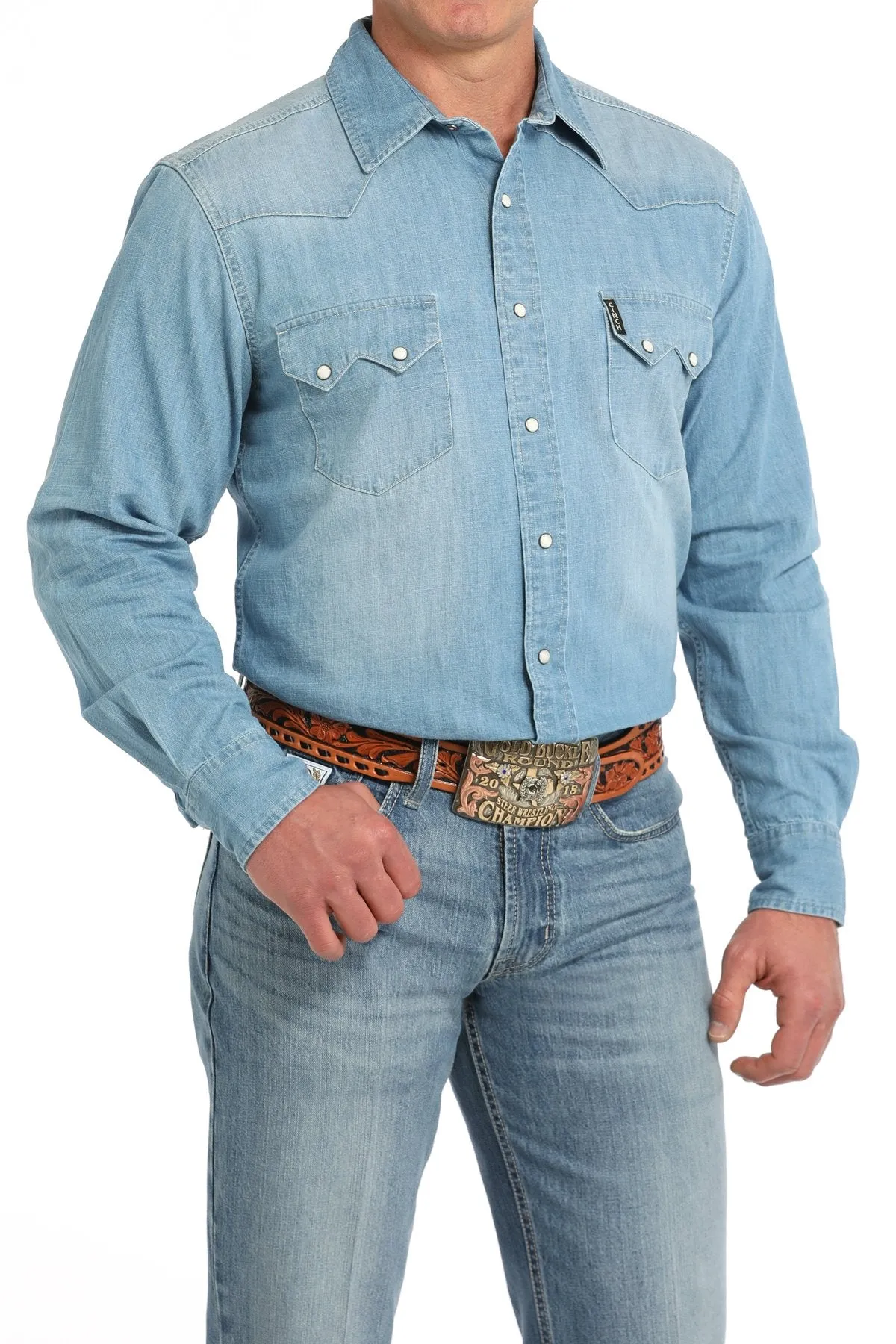 Cinch Men's L/S Modern Fit Denim Western Snap Shirt in Indigo UltraLightweight UV Protection Fabric