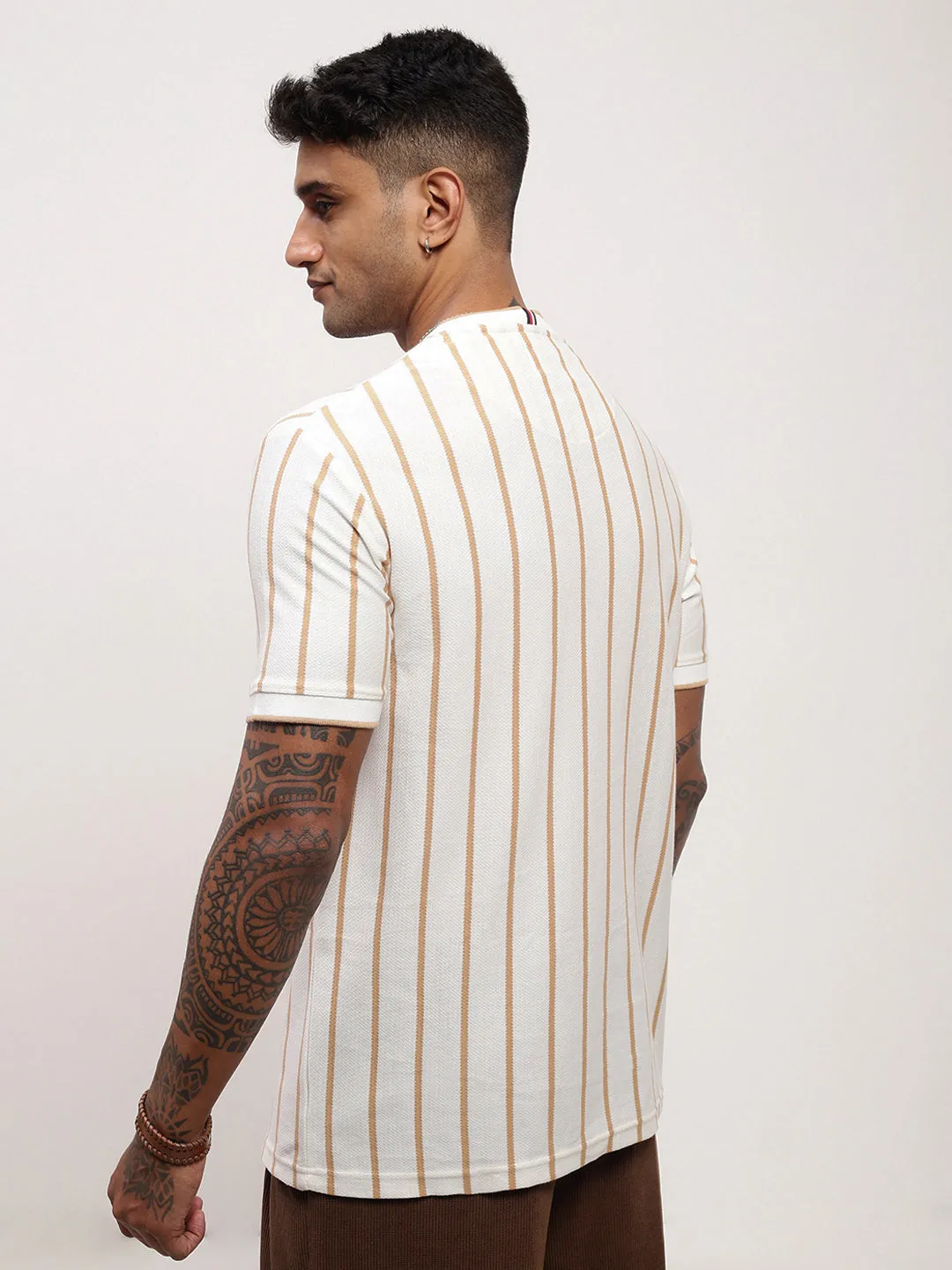 Men's Cream Striped Round Neck T-Shirt product neutral versatility Soft Fabric
