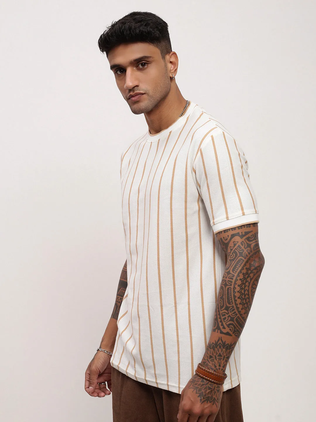 Cozy Fit Layered Style Men's Cream Striped Round Neck T-Shirt