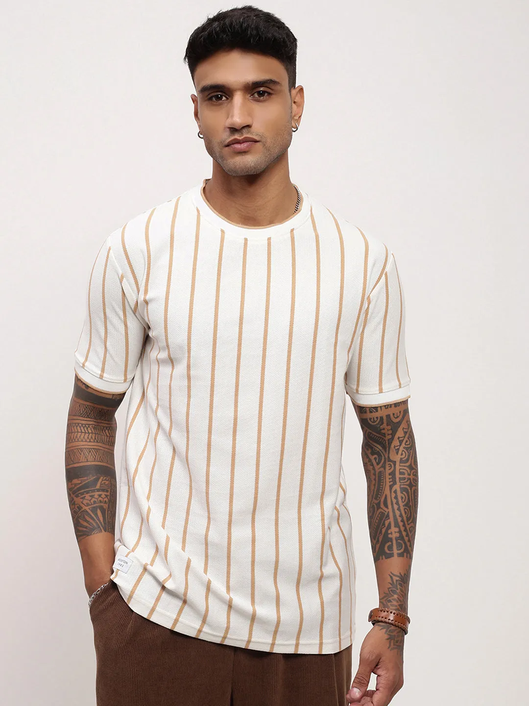 Men's Cream Striped Round Neck T-Shirt Date night Travel Essential
