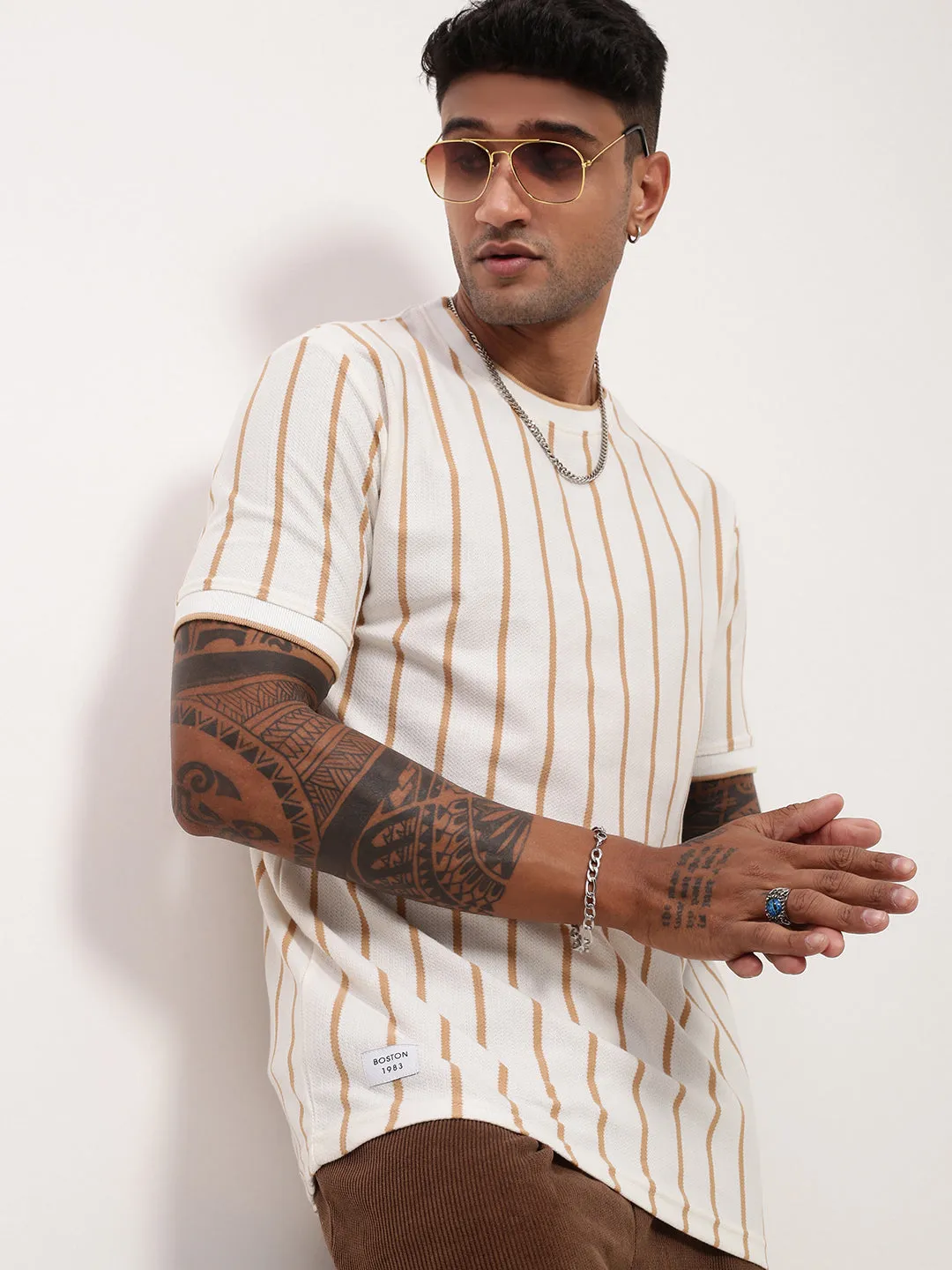 Men's Cream Striped Round Neck T-Shirt Urban Active product stock