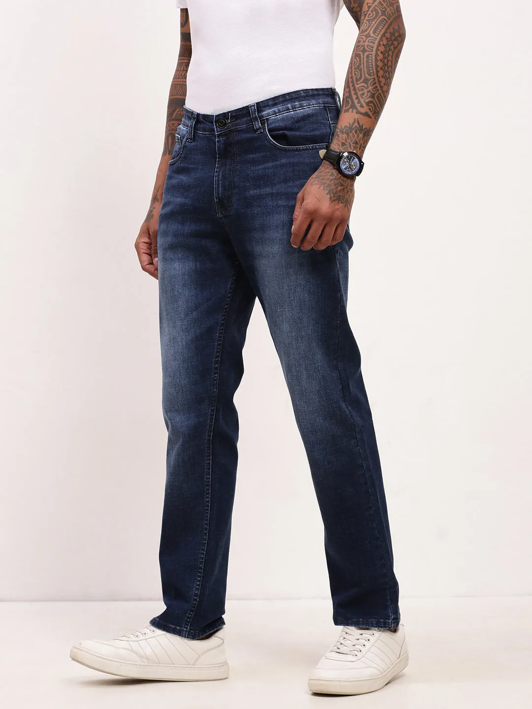 Travel Light Men's Blue Solid Straight Fit Distressed Jeans