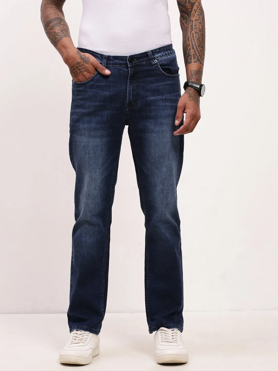 Breathable Minimalist Men's Blue Solid Straight Fit Distressed Jeans