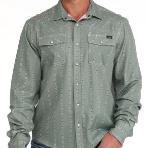 Cinch Men's L/S Arenaflex Floral Striped Western Camp Shirt in Olive Anti Pilling Finish