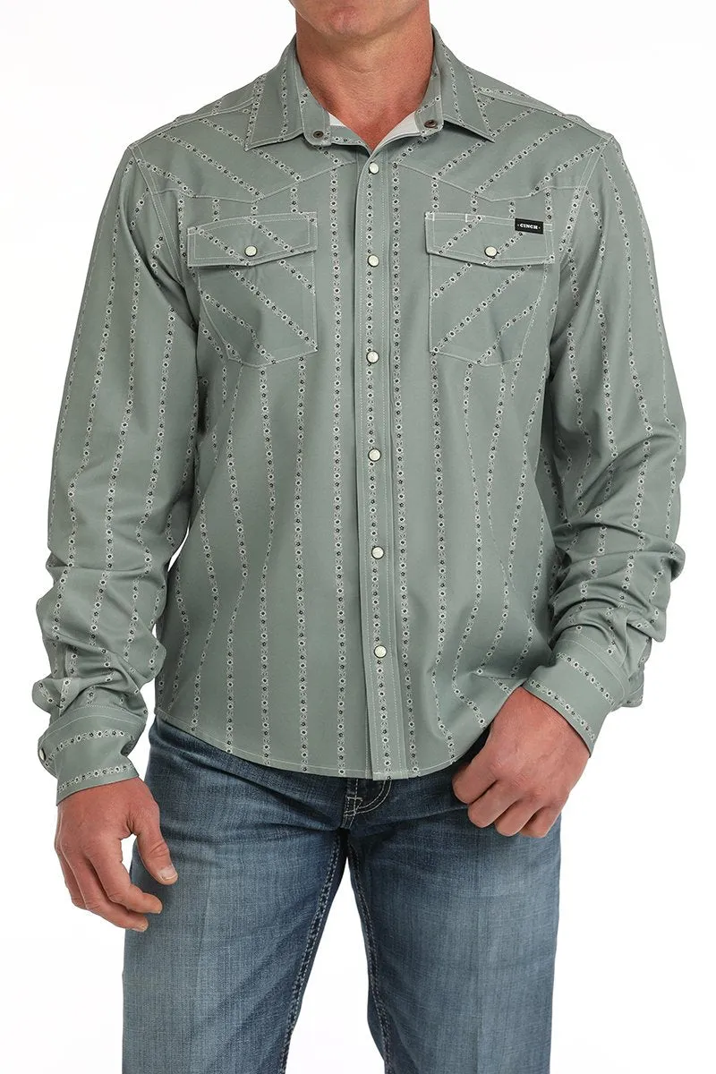 Cinch Men's L/S Arenaflex Floral Striped Western Camp Shirt in Olive Casual Performance Fit Essential Fit