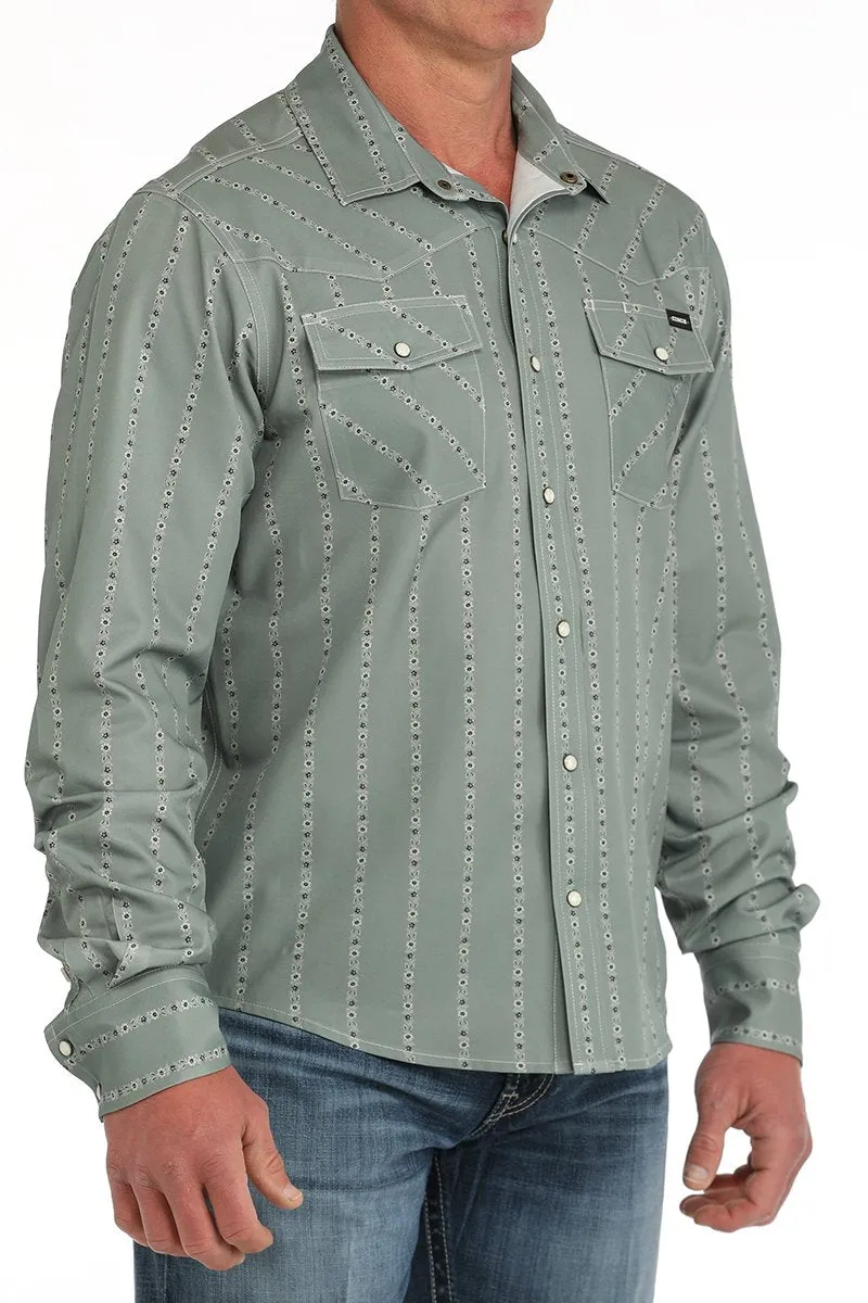 Cinch Men's L/S Arenaflex Floral Striped Western Camp Shirt in Olive LongLastingColor Reinforced Hems