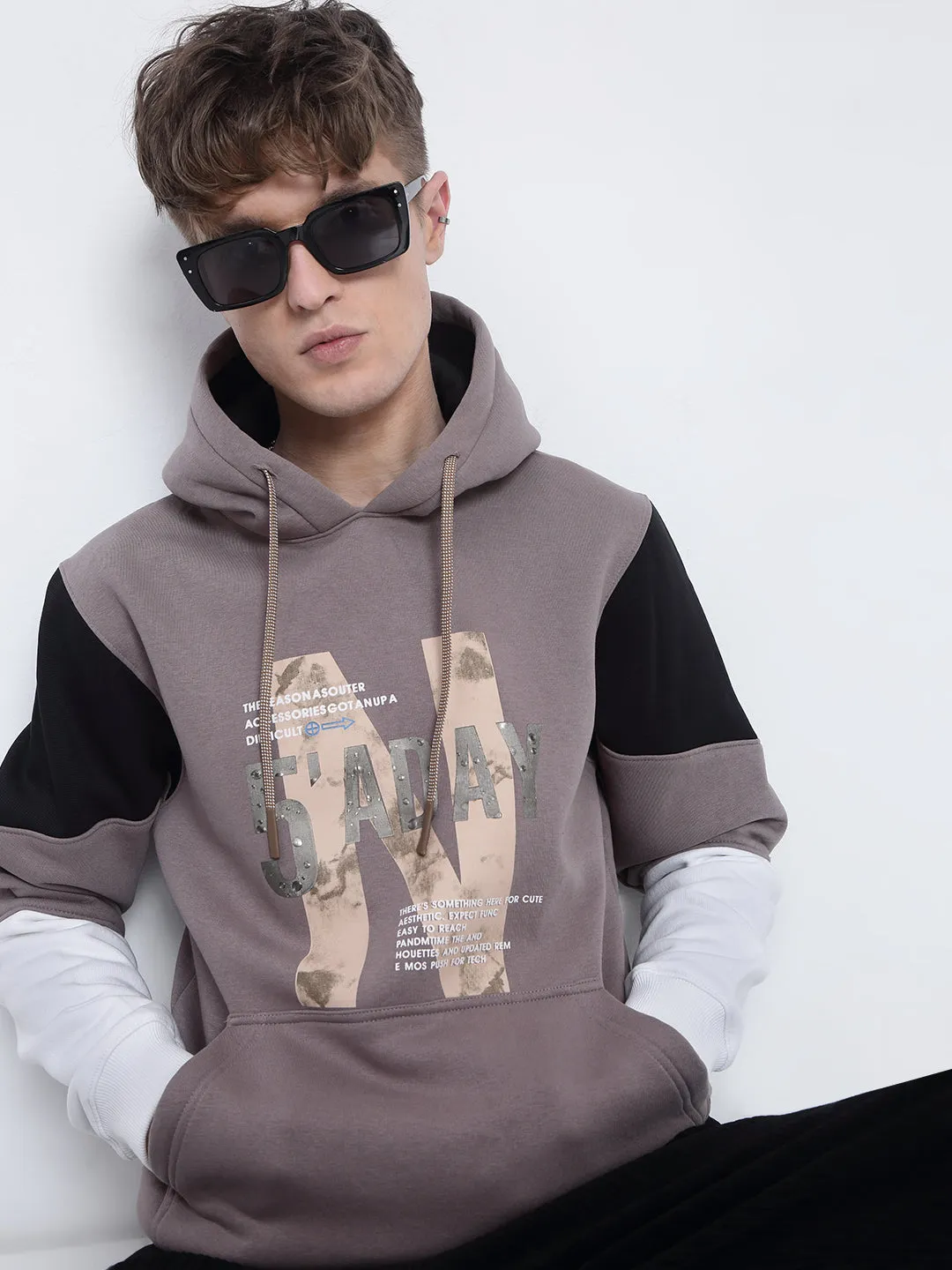 Quick-Dry Tech Men's Typography Printed Beige Hoodie