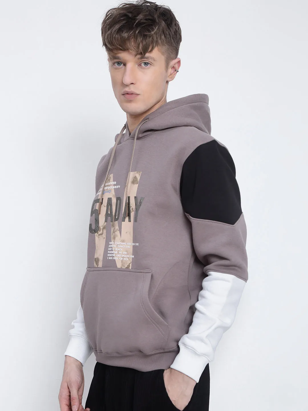 Men's Typography Printed Beige Hoodie marbled