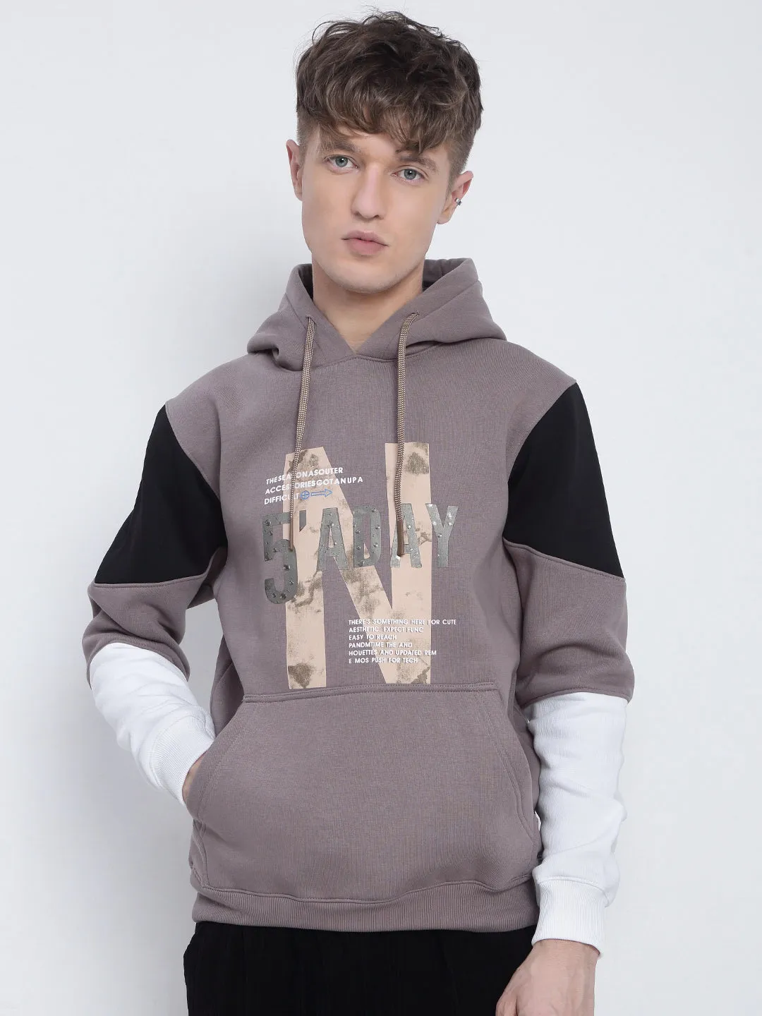 Classic Chic Men's Typography Printed Beige Hoodie