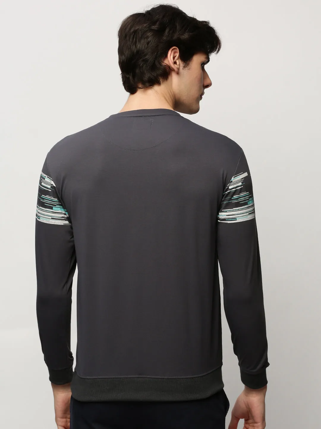 Men's Grey Graphic Printed Cotton Pullover Essentials Wear Comfortable Design