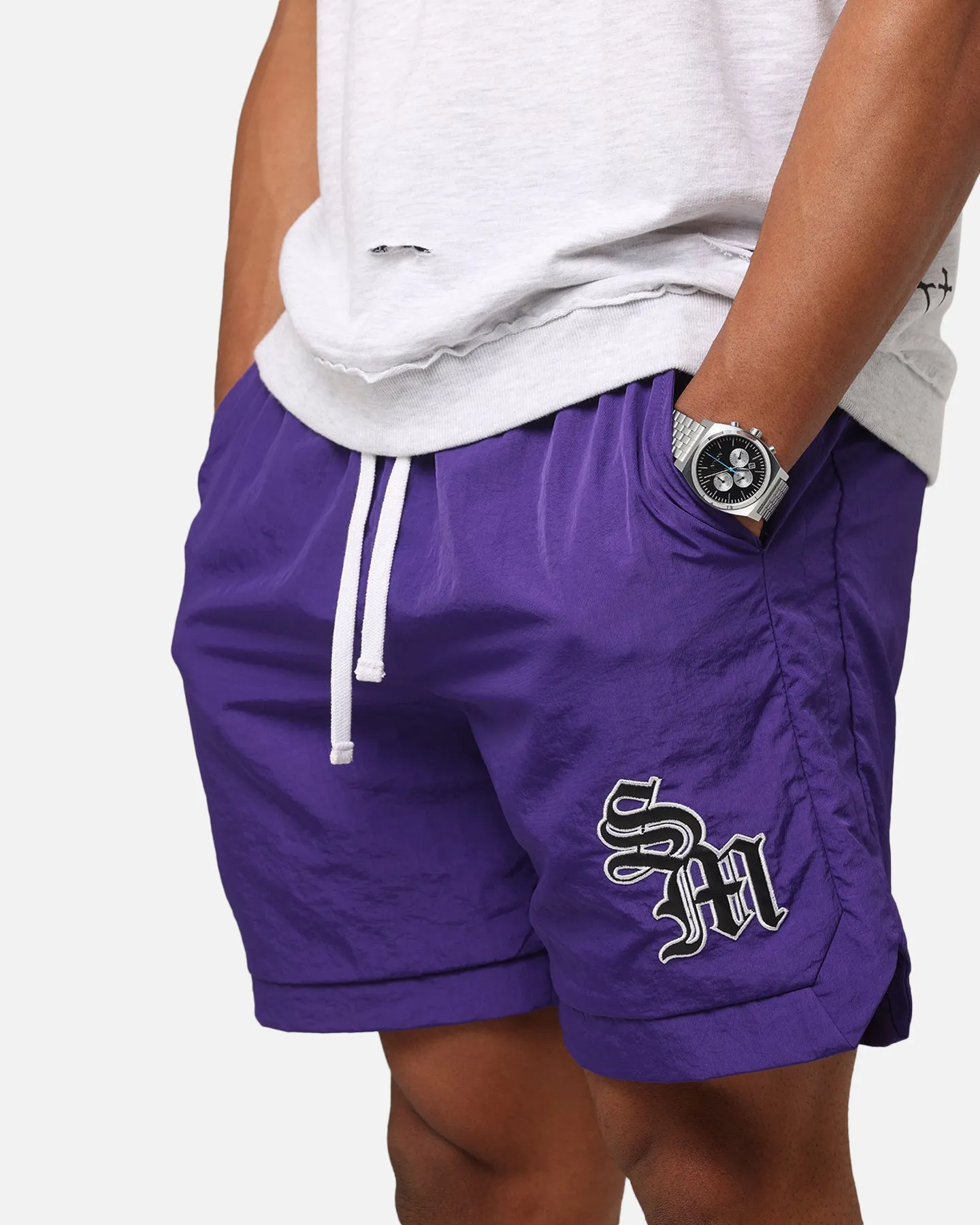 Saint Morta Gothic Monogram Nylon Shorts Purple Performance Flex Side Pockets