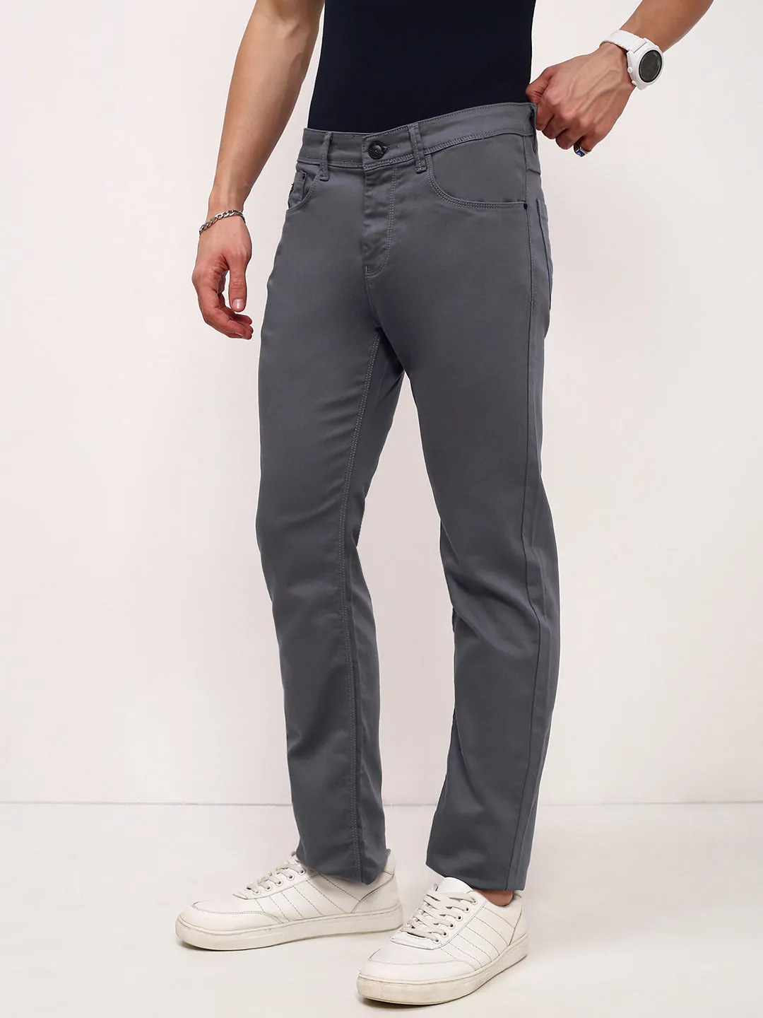 Anti Fade Technology Soft Touch Men's Grey Solid Straight Fit Jeans