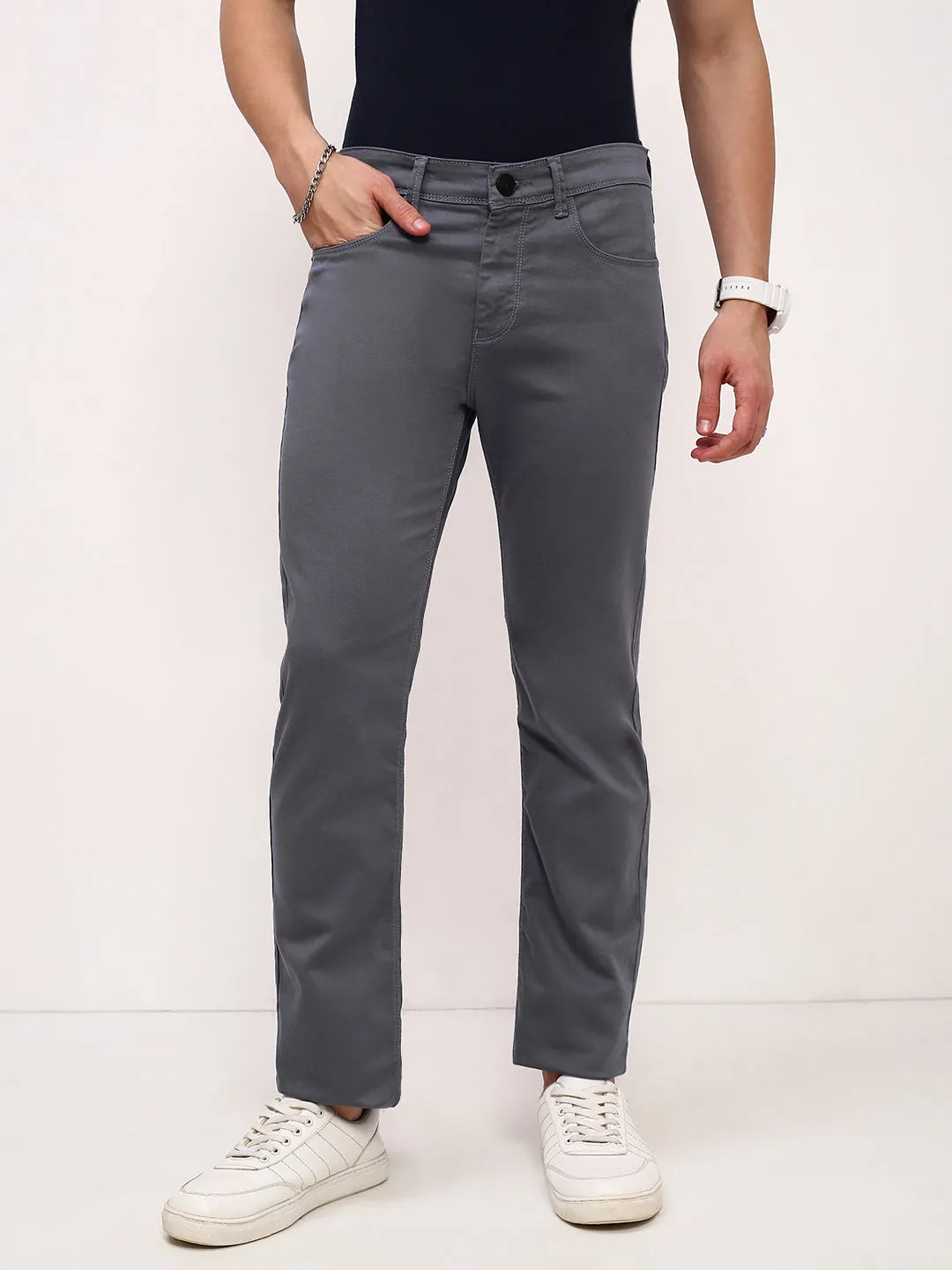 Street Basics Stretch Road Trip Brunch Outfit Men's Grey Solid Straight Fit Jeans