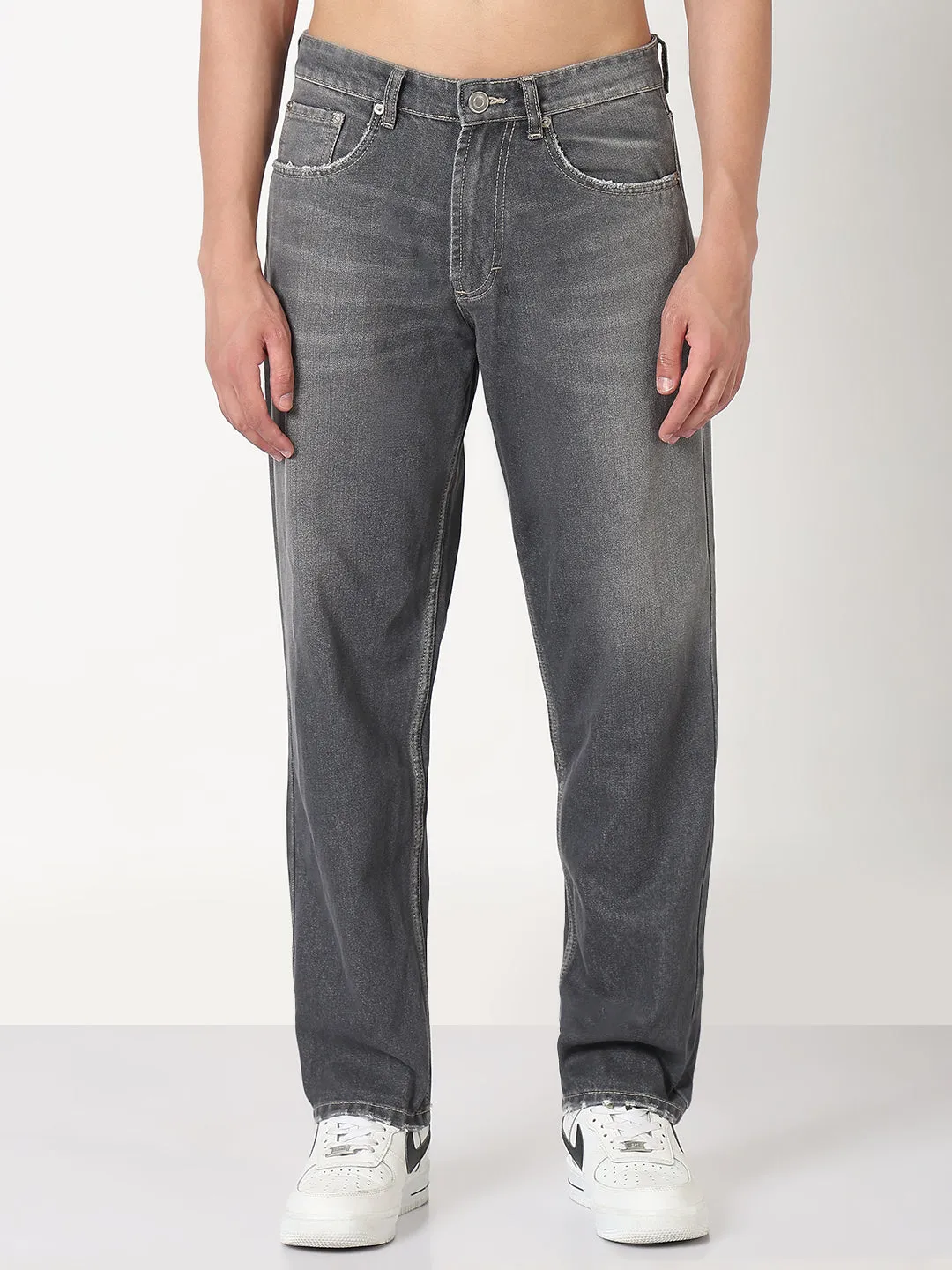 Men's Grey Washed Slim Fit Jeans Matching Basic Weekend Style Smooth