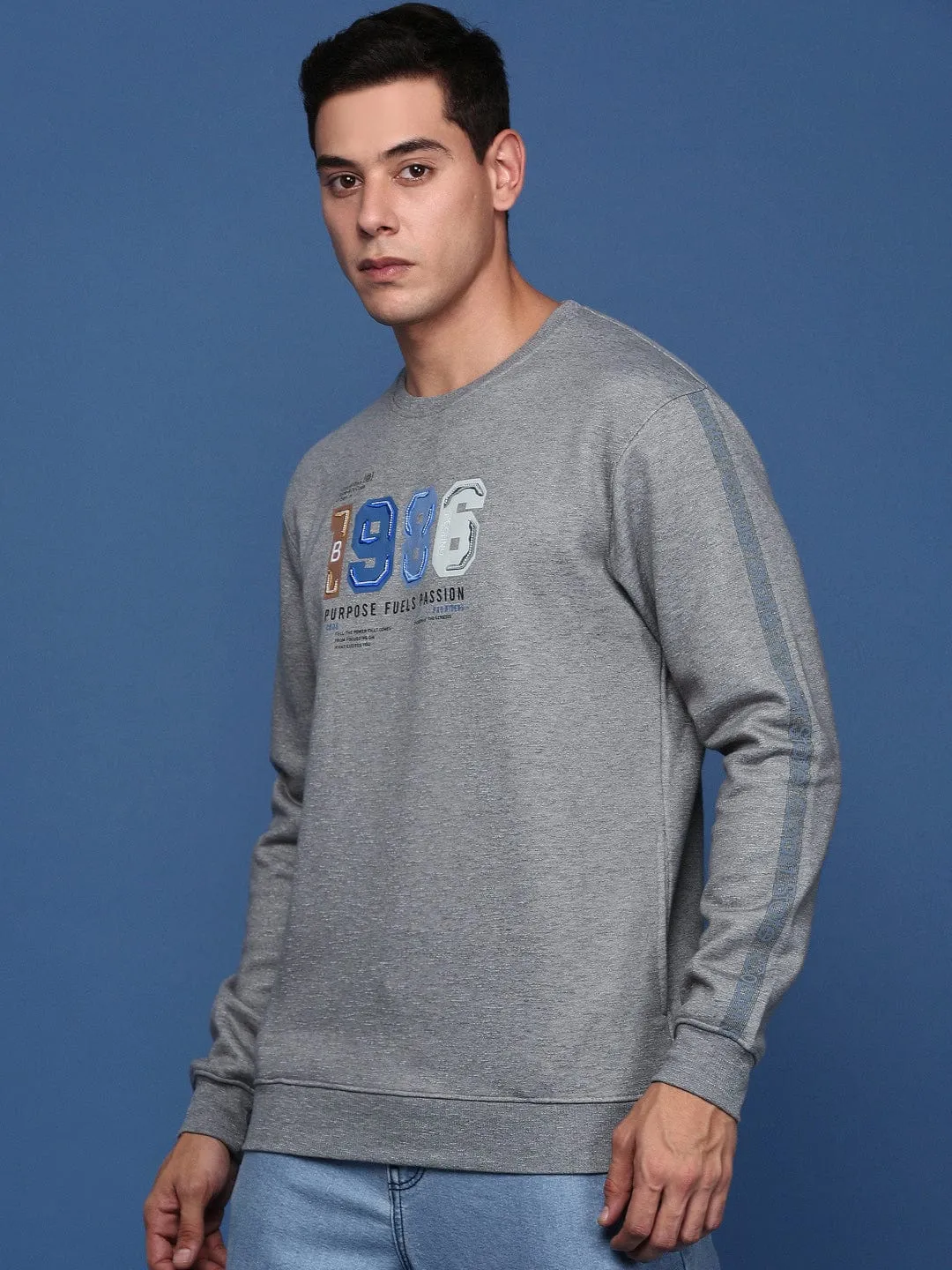 Kangaroo Pocket product metallic glamour Men's Round Neck Solid Grey Cotton Pullover