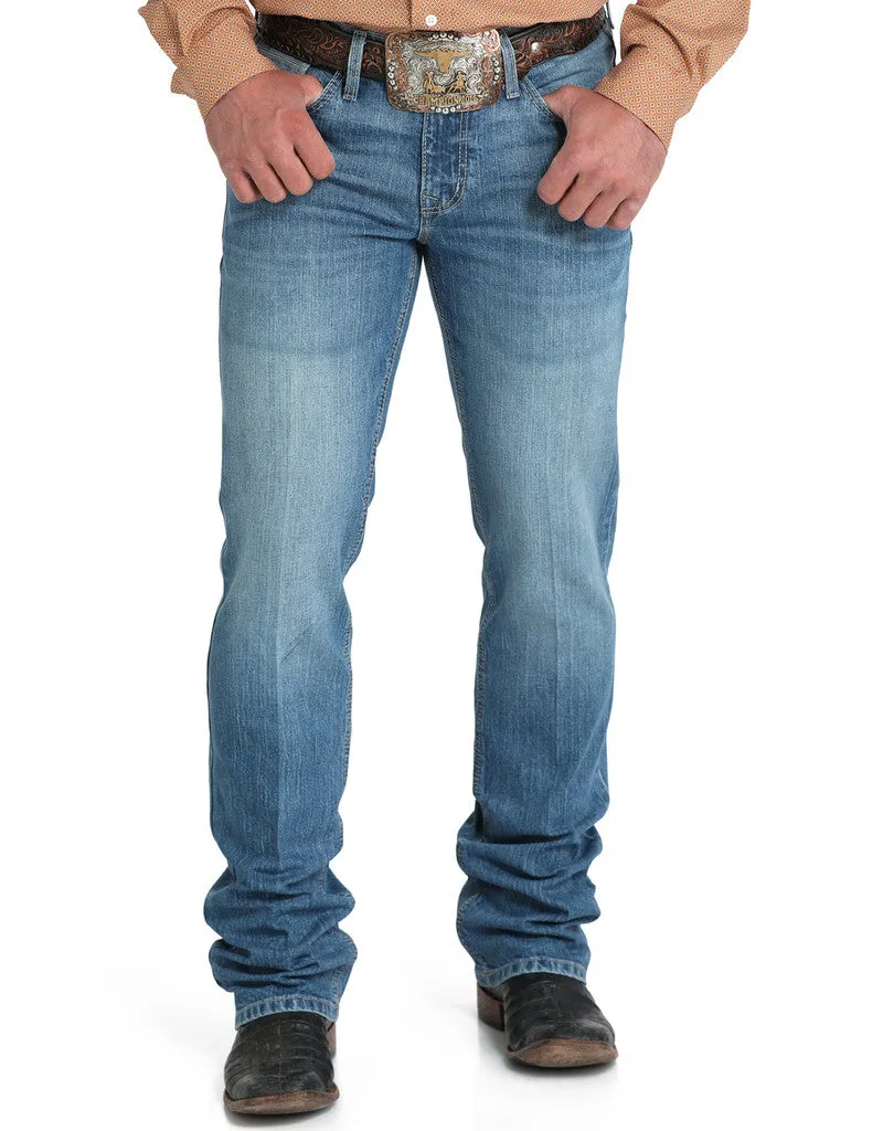 Garment Dyed Technique Articulated Knee Shape Cinch Men's Ian Slim Fit Bootcut Jean in Medium Stonewash