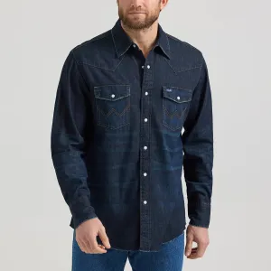 Wrangler Men's L/S Vintage Inspired Denim Western Snap Work Shirt in Dark Wash Breathable Comfort Fit