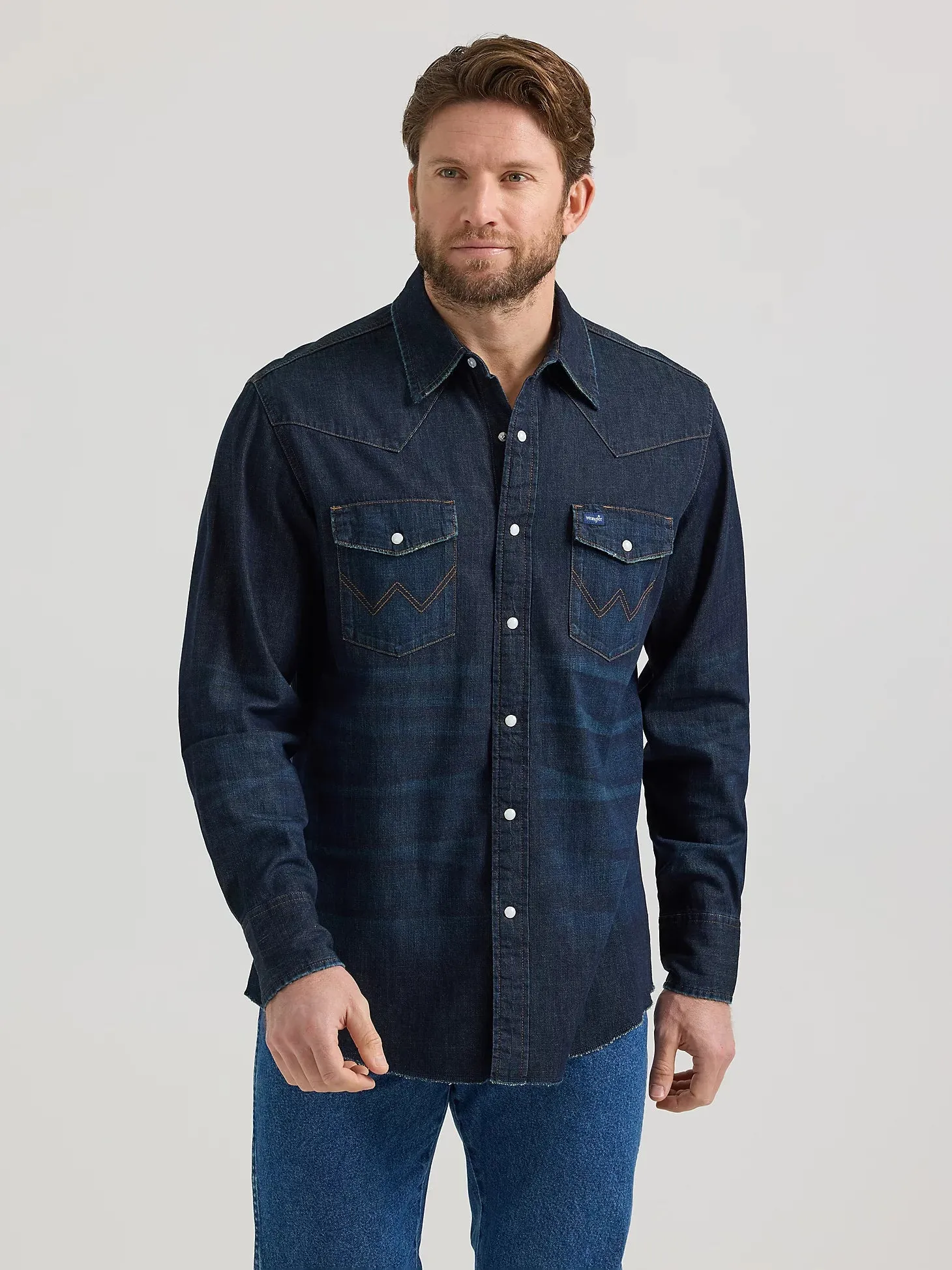 Abrasion Resistant Fabric Wrangler Men's L/S Vintage Inspired Denim Western Snap Work Shirt in Dark Wash