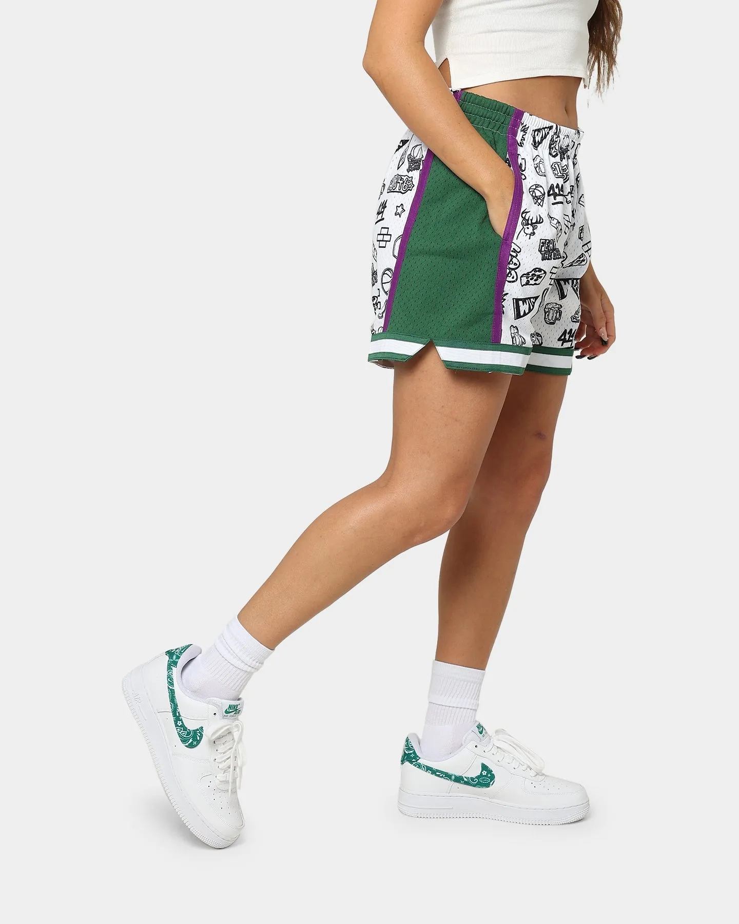 Mitchell & Ness Women's Milwaukee Bucks Doodle Shorts White Sport Flex Fit Anti Odor Treatment