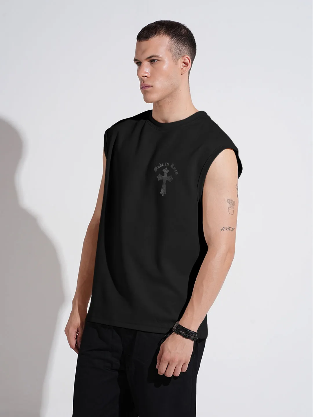 4Way Stretch Soft Jersey Men's Graphic Black Regular Fit Sleeveless T-Shirt