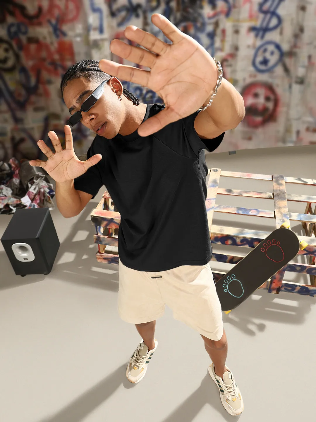 Men's Black Regular Fit T-Shirt Flexible Waistband