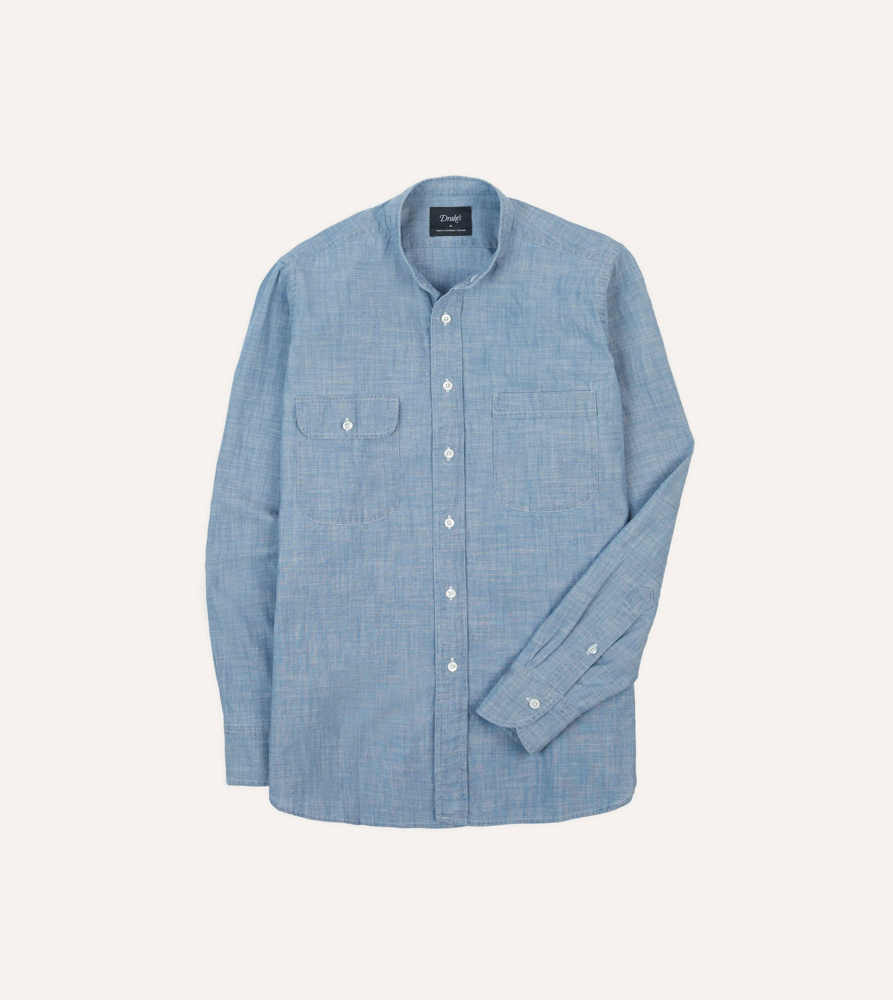fade resistant color Chambray Cotton Mandarin Collar Shirt