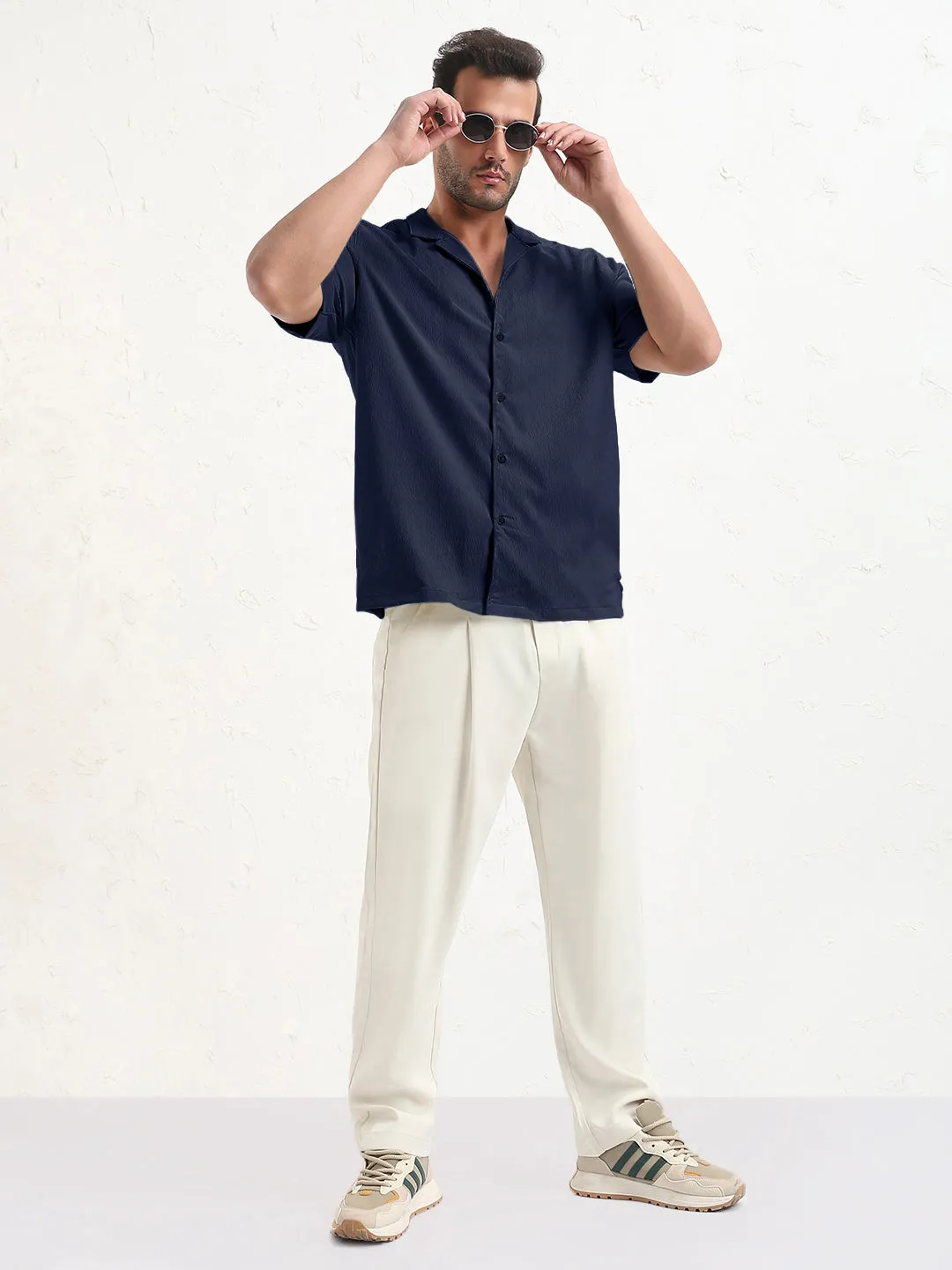 Breezy Comfort Men's Navy Blue Cuban Collar Relaxed Fit Shirt