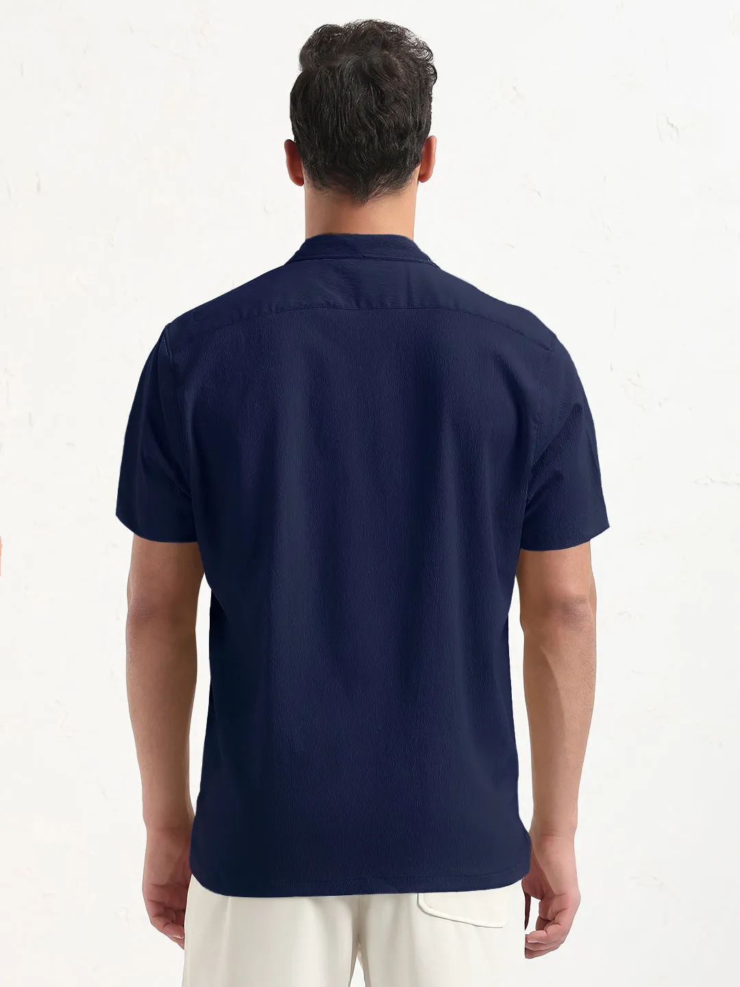 Men's Navy Blue Cuban Collar Relaxed Fit Shirt StainlessZippers