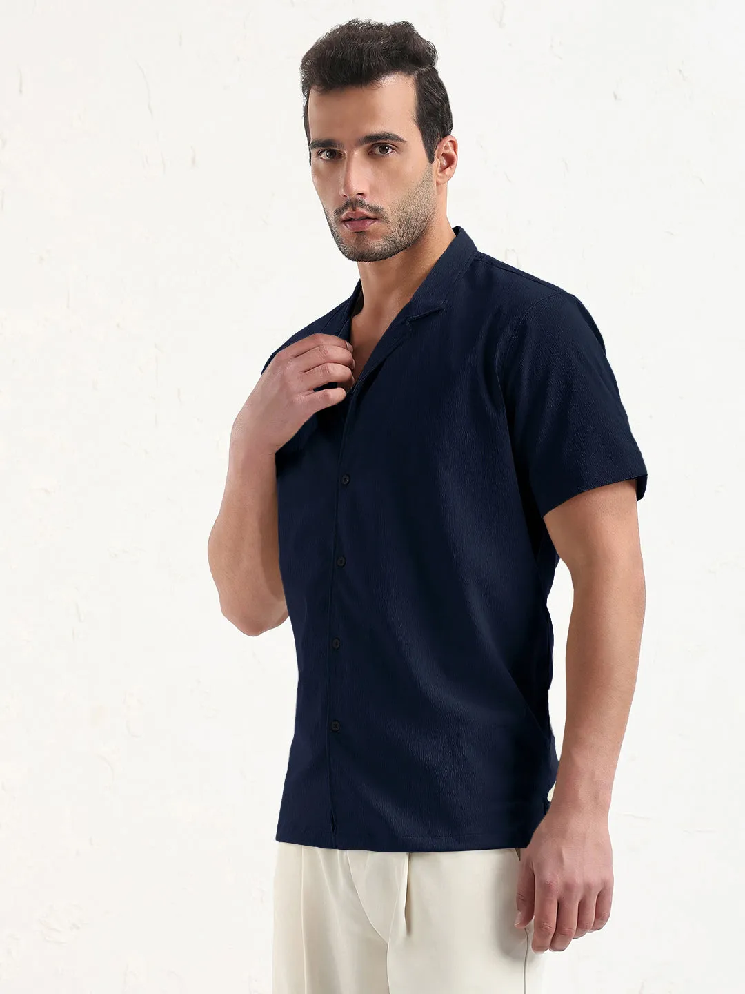 Men's Navy Blue Cuban Collar Relaxed Fit Shirt Effortless Design