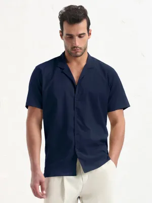 AbrasionResistantFabric Men's Navy Blue Cuban Collar Relaxed Fit Shirt