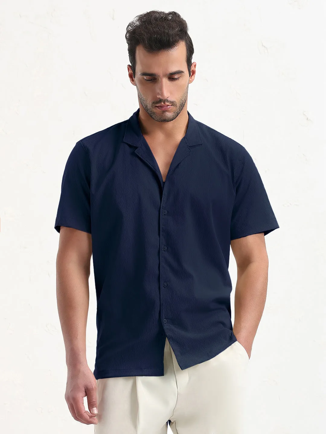 AbrasionResistantFabric Men's Navy Blue Cuban Collar Relaxed Fit Shirt