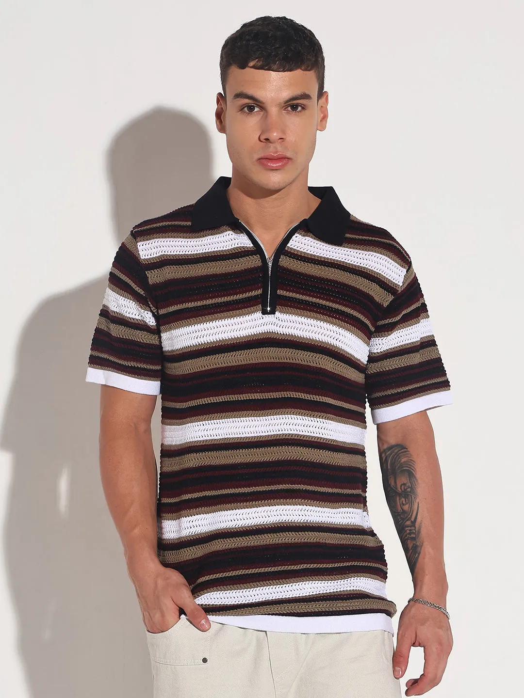 SkinFriendlyElastic Men??s Black Striped Knit Polo T-Shirt with Zipper Detail