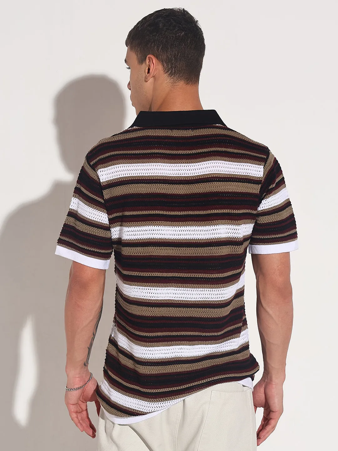 Beach Fit Men??s Black Striped Knit Polo T-Shirt with Zipper Detail