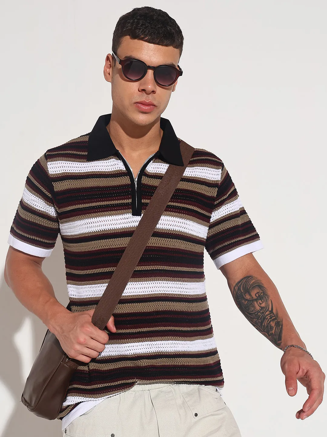 Men??s Black Striped Knit Polo T-Shirt with Zipper Detail Polish Glow Utility Jacket