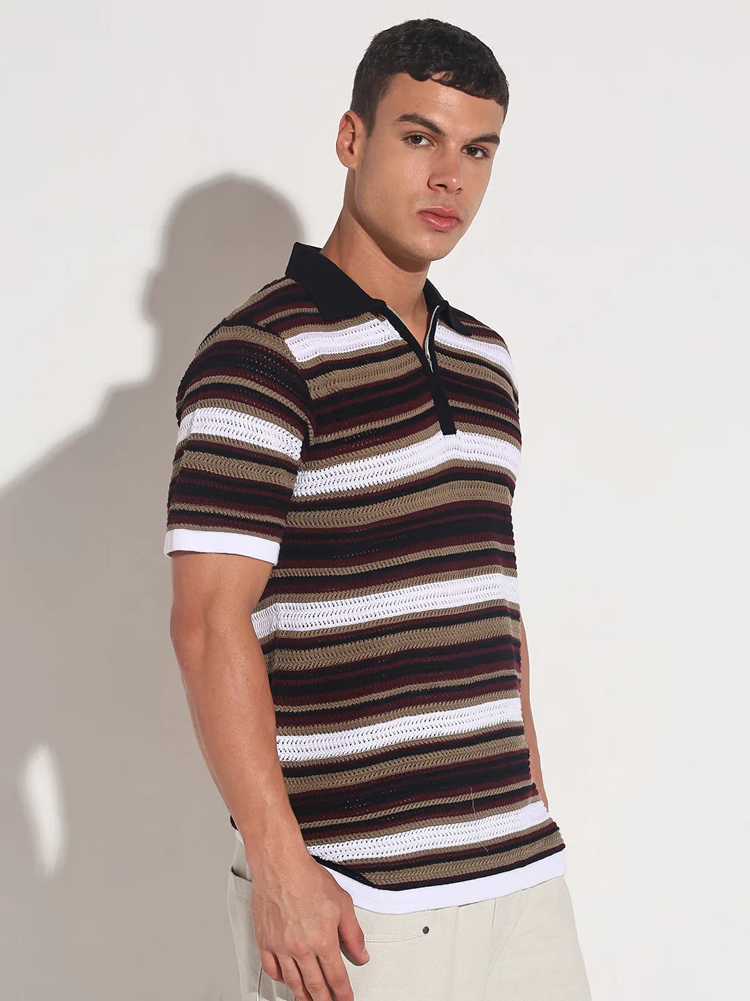 Men??s Black Striped Knit Polo T-Shirt with Zipper Detail Heat Safe Farm Glow