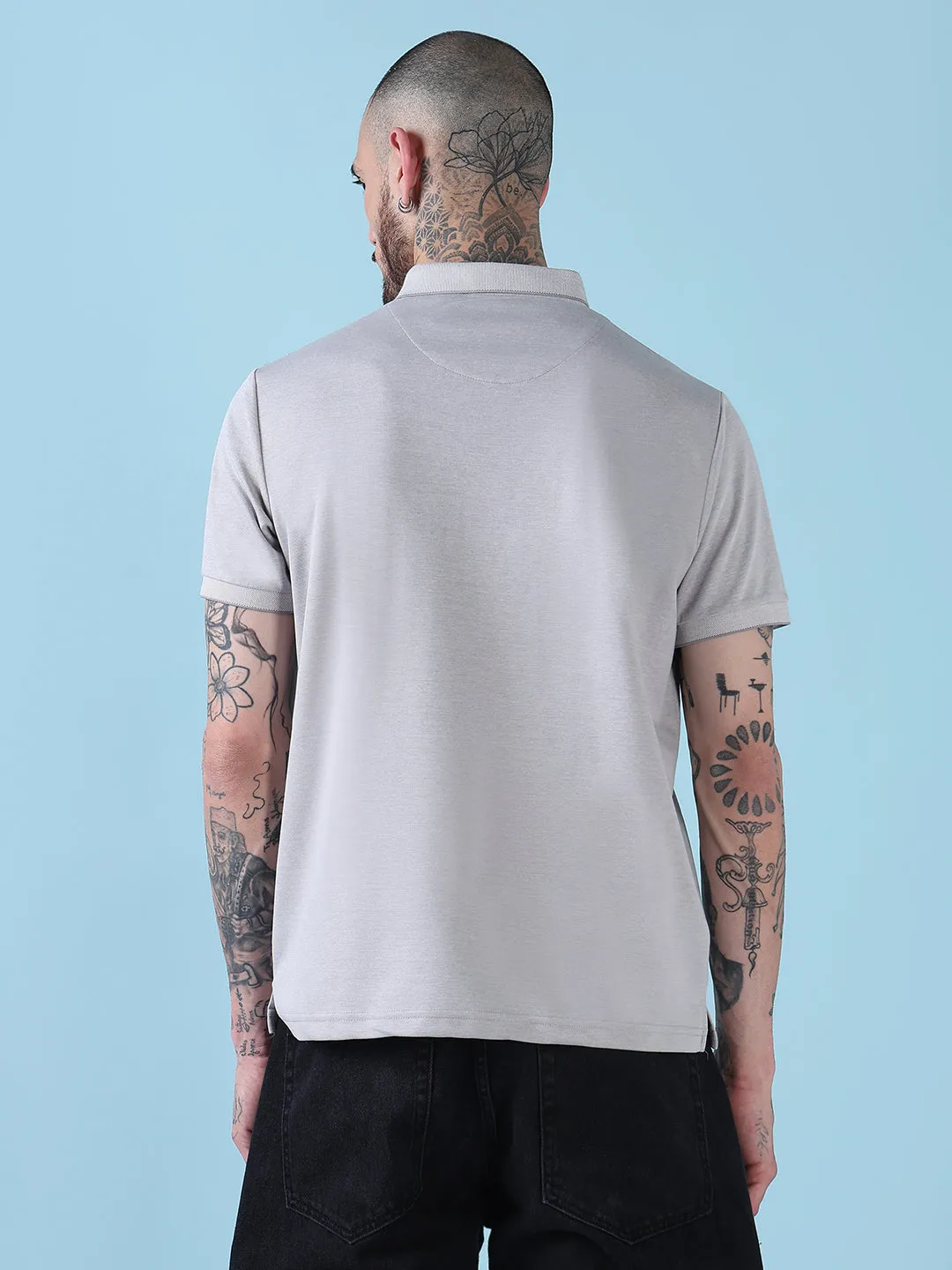 Art Glow Men's Grey Solid Polo Collar T-Shirt