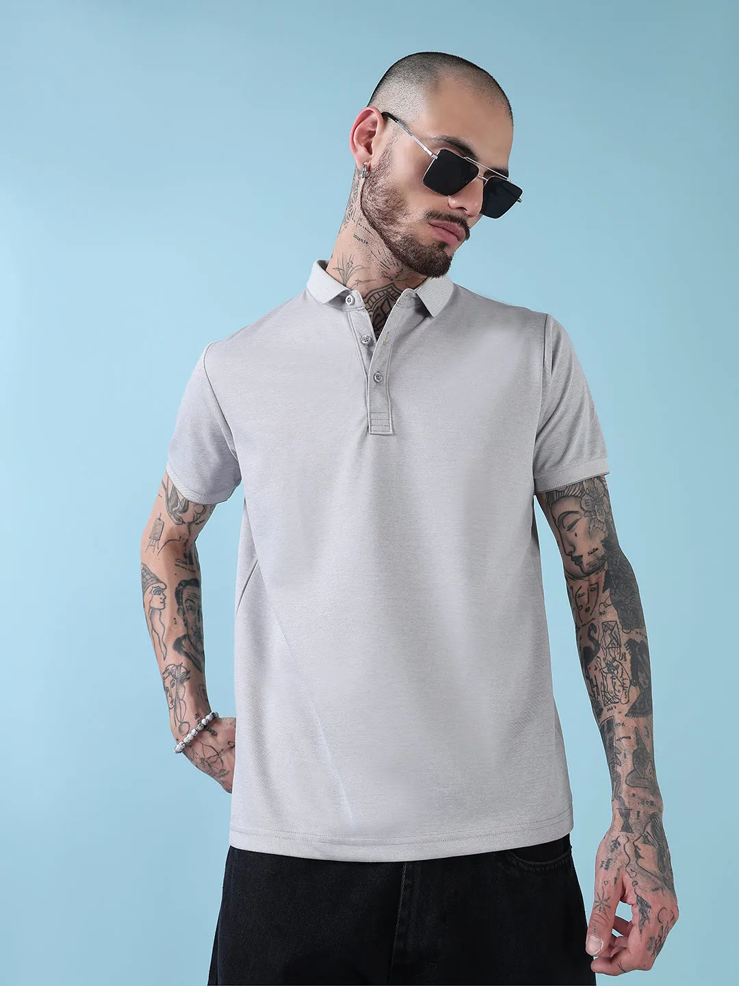 Men's Grey Solid Polo Collar T-Shirt Stylish Scarf