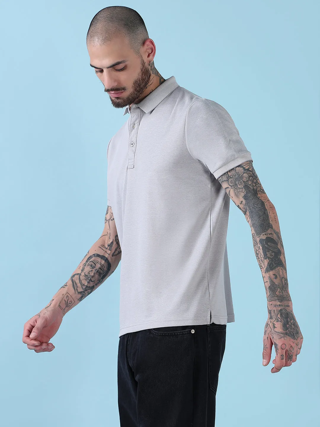 Men's Grey Solid Polo Collar T-Shirt Romance Air Street Icon