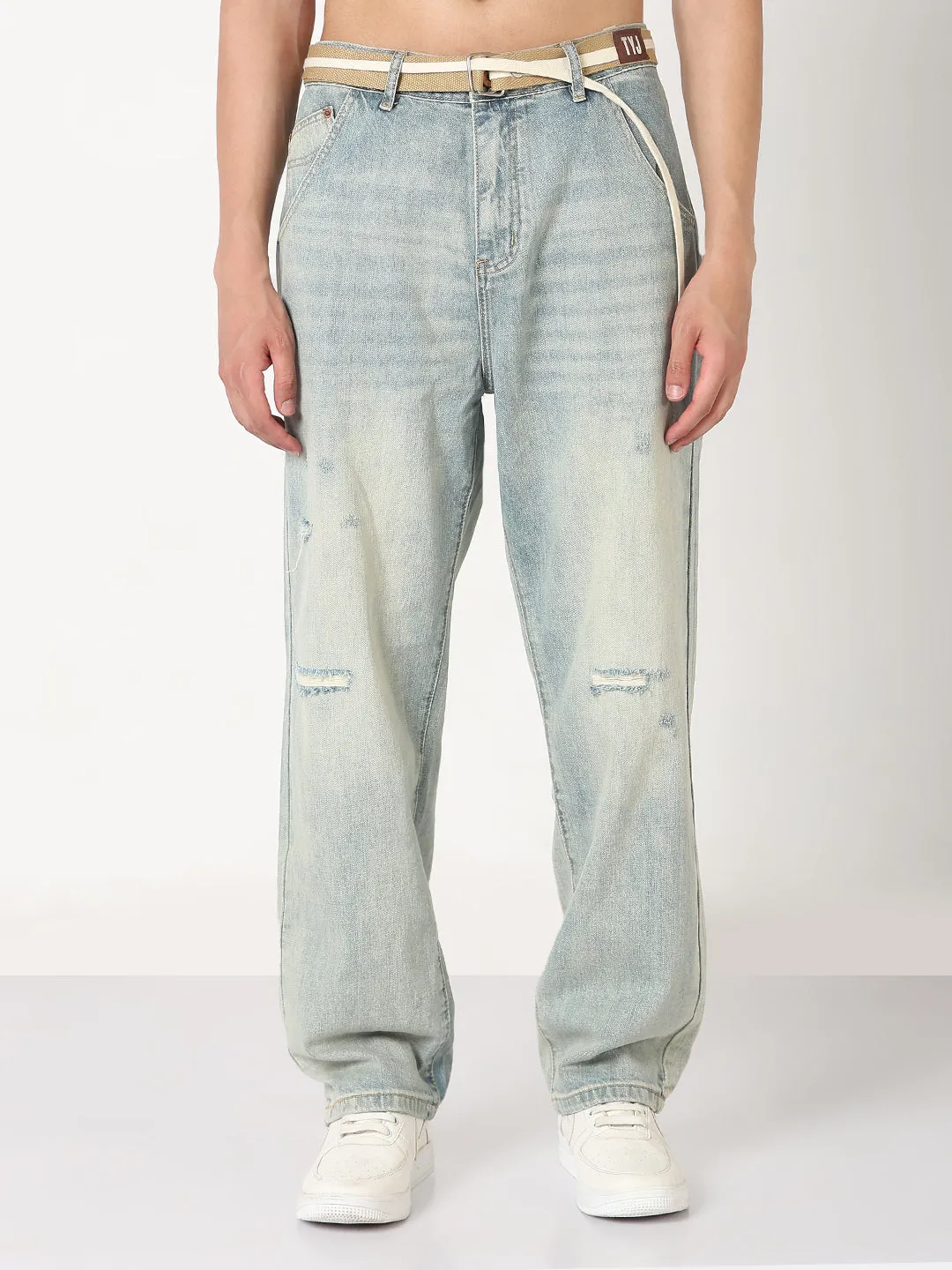 Men's Blue Distressed Wide Leg Jeans with Belt Comfy Tailoring