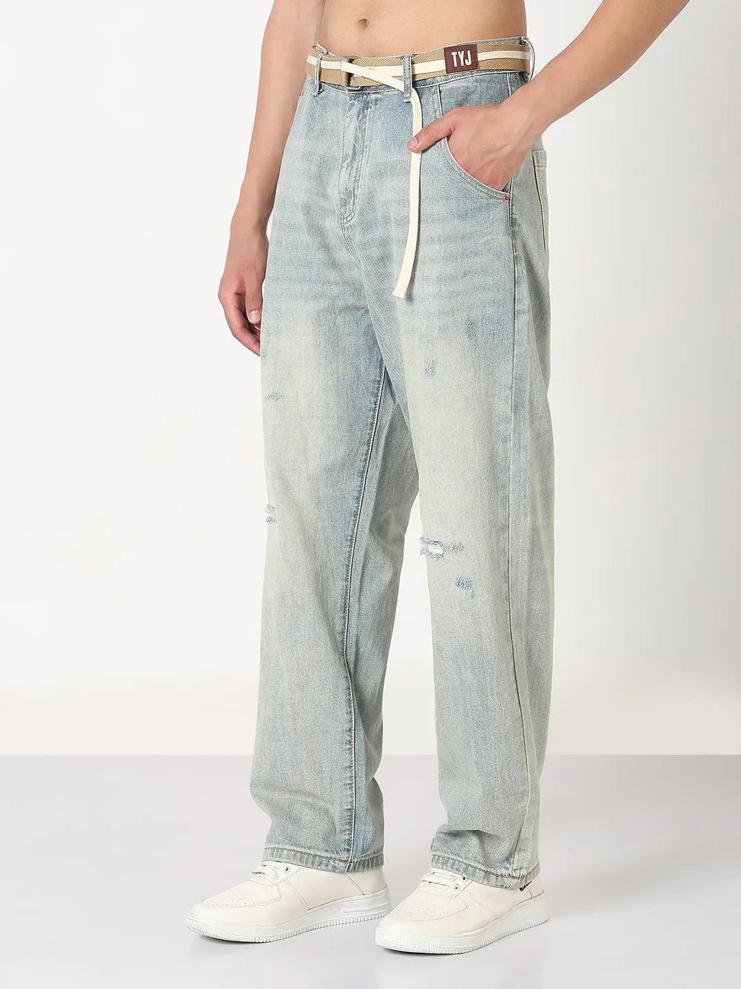 Men's Blue Distressed Wide Leg Jeans with Belt Anytime Fit