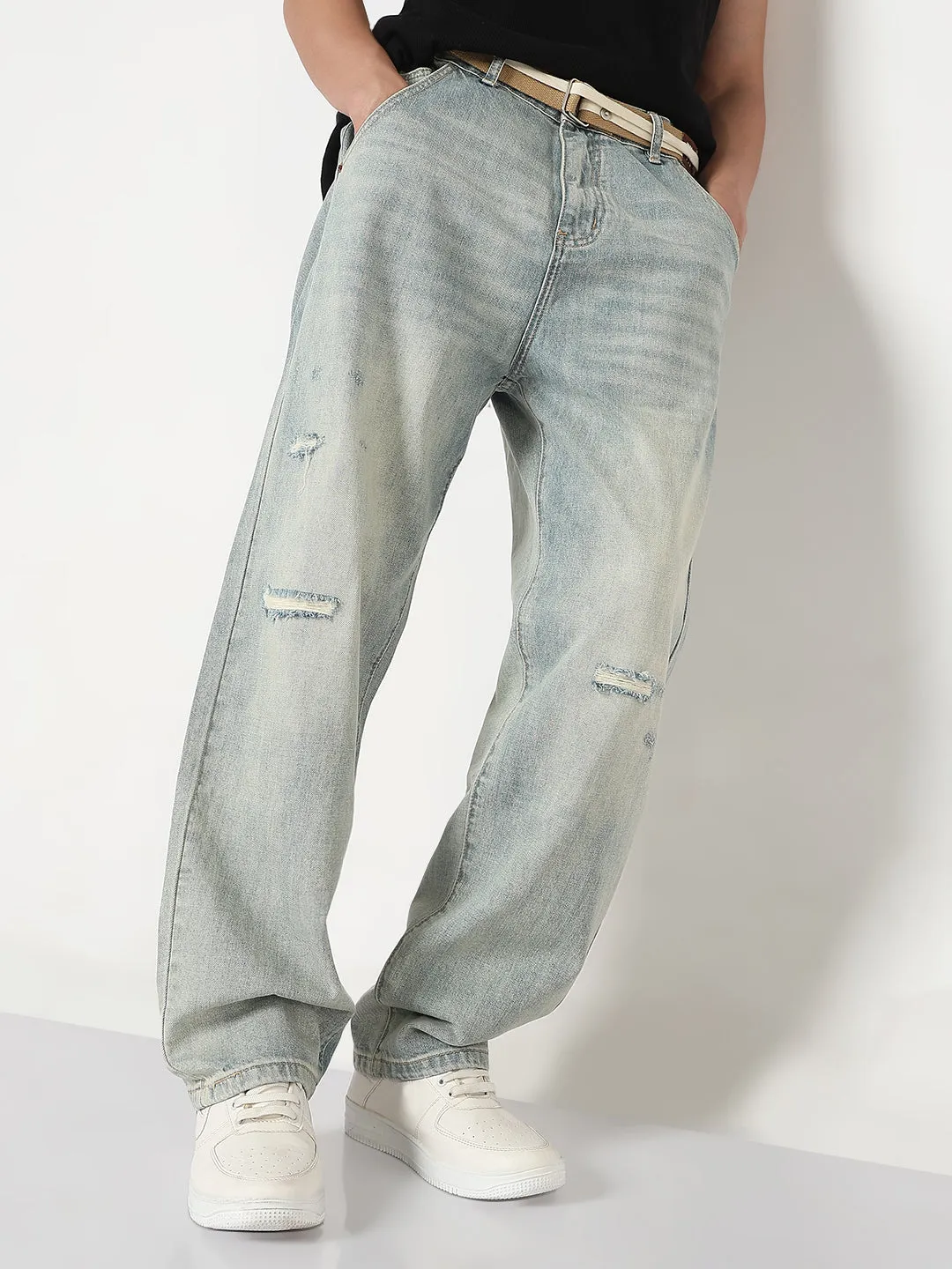 Men's Blue Distressed Wide Leg Jeans with Belt Winter Warmth Outdoor Adventure Go-to Wear