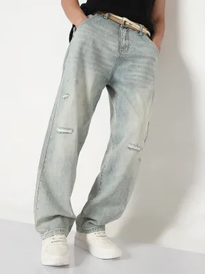 Men's Blue Distressed Wide Leg Jeans with Belt Winter Warmth Outdoor Adventure Go-to Wear